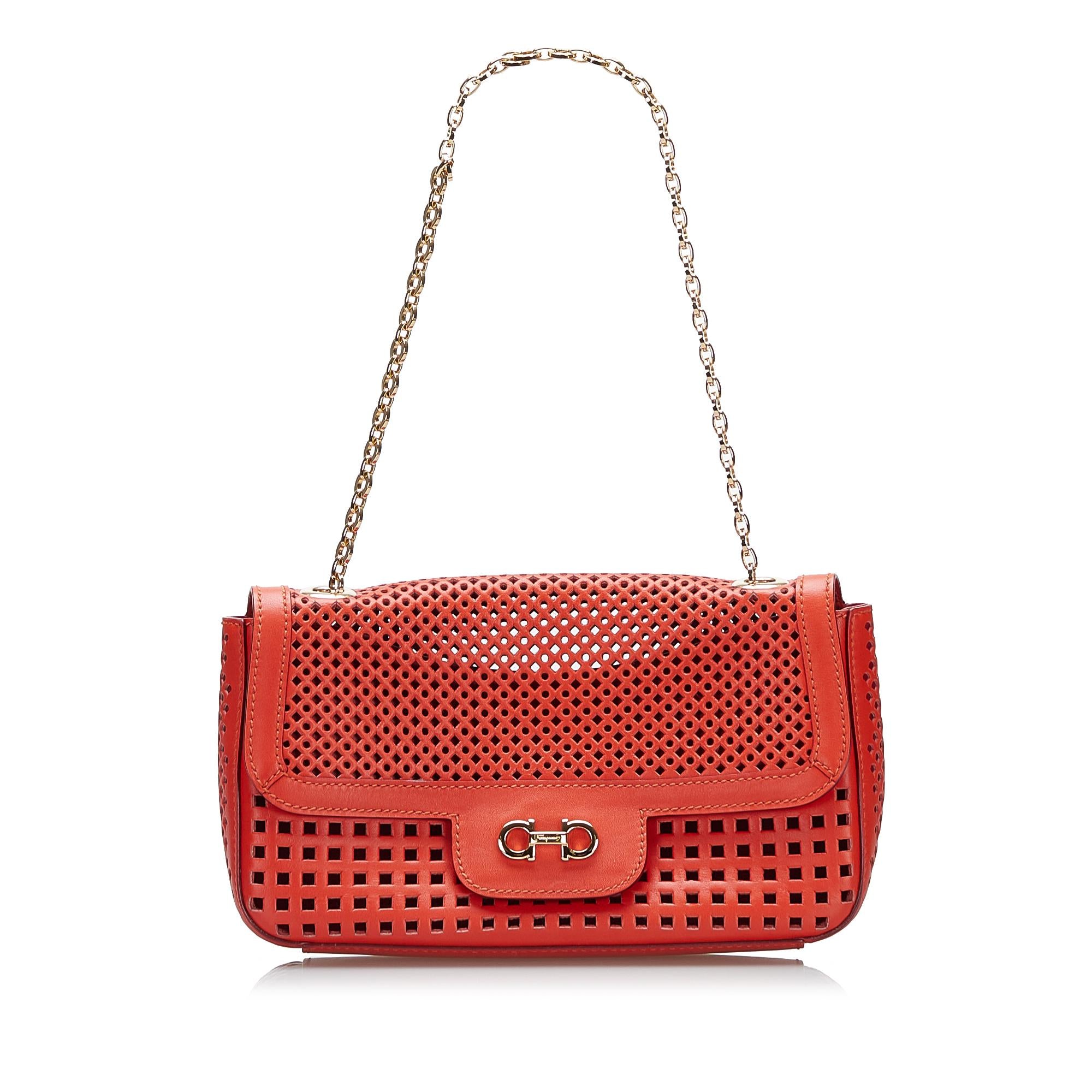 Salvatore Ferragamo Gancini Perforated Leather Chain Shoulder Bag (SHG-36799)