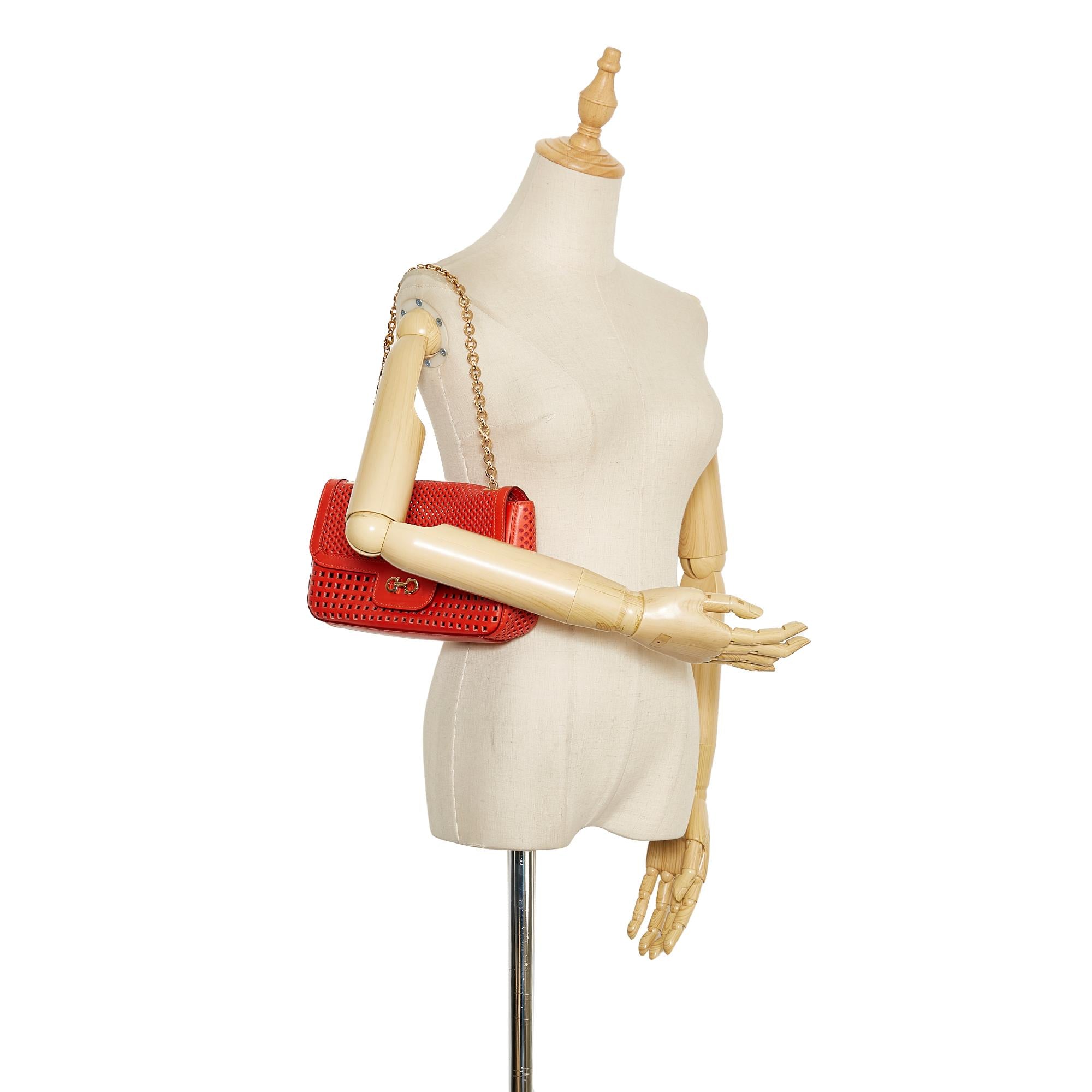 Salvatore Ferragamo Gancini Perforated Leather Chain Shoulder Bag (SHG-36799)