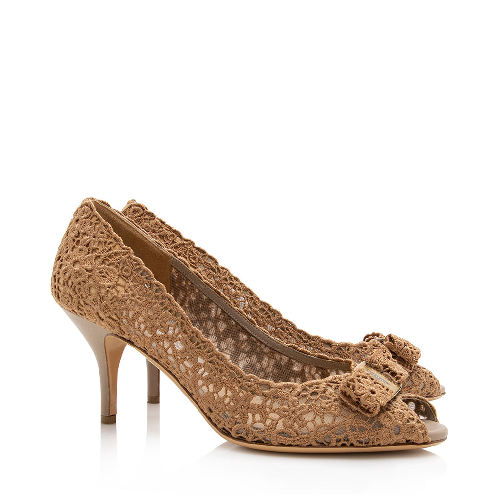 Salvatore Ferragamo Lace Peep-Toe Pumps - Size 10 / 40 (SHF-17200)