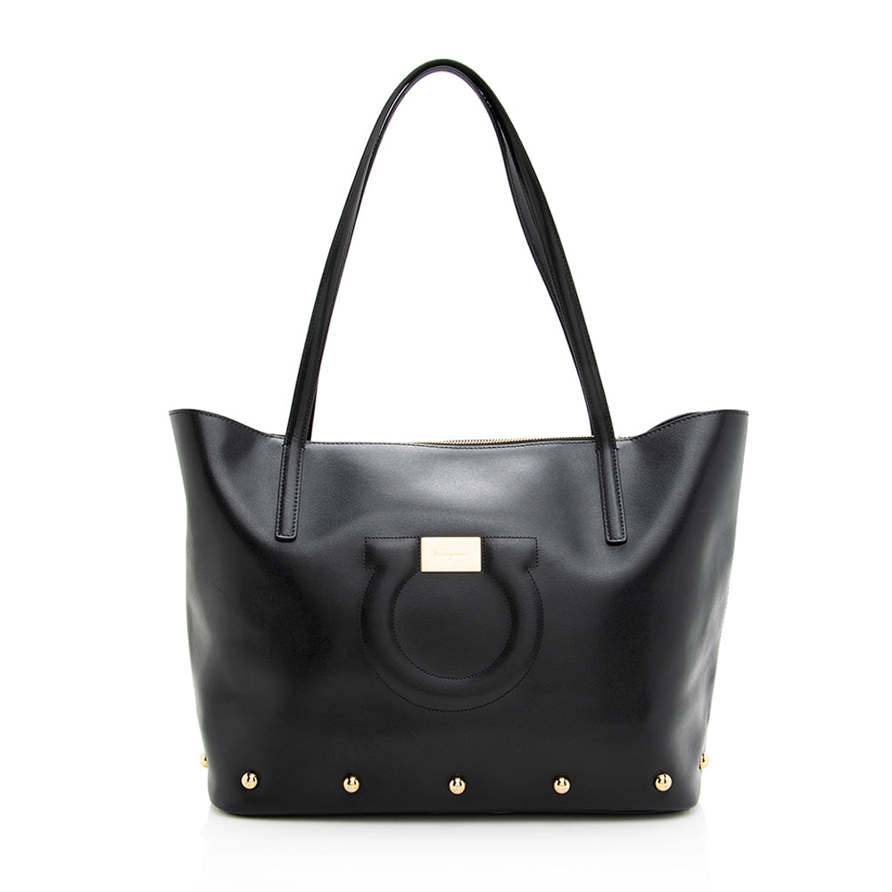 Salvatore Ferragamo Leather Gancini Studded Tote (SHF-19250)