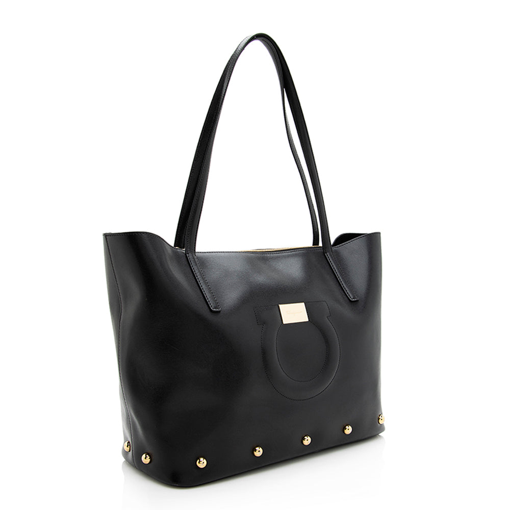 Salvatore Ferragamo Leather Gancini Studded Tote (SHF-19250)