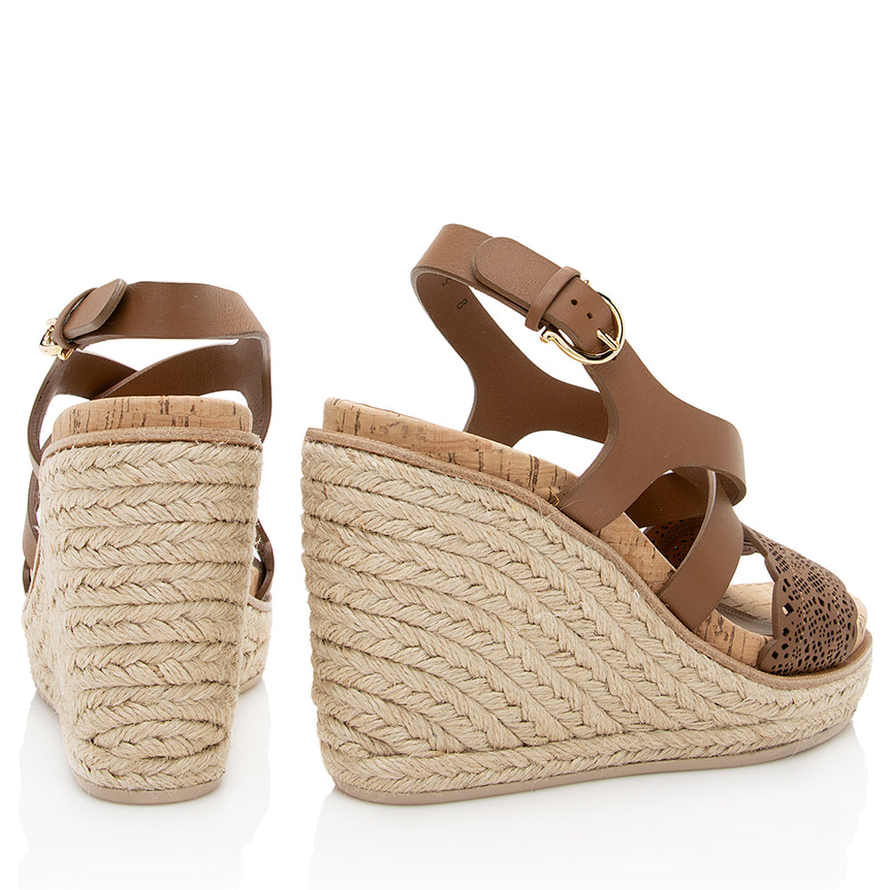 Salvatore Ferragamo Leather Laser-Cut Espadrille Wedges - Size 5 / 35 (SHF-18736)