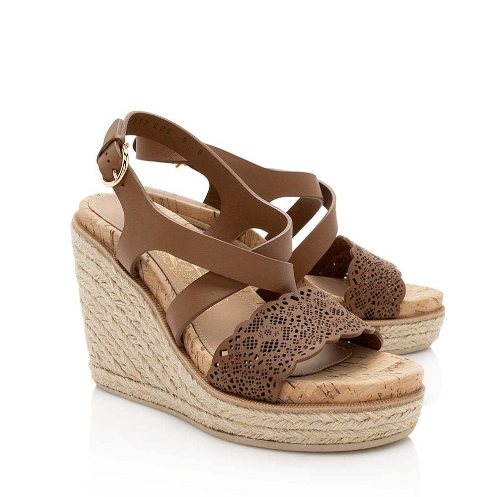 Salvatore Ferragamo Leather Laser-Cut Espadrille Wedges - Size 5 / 35 (SHF-18736)