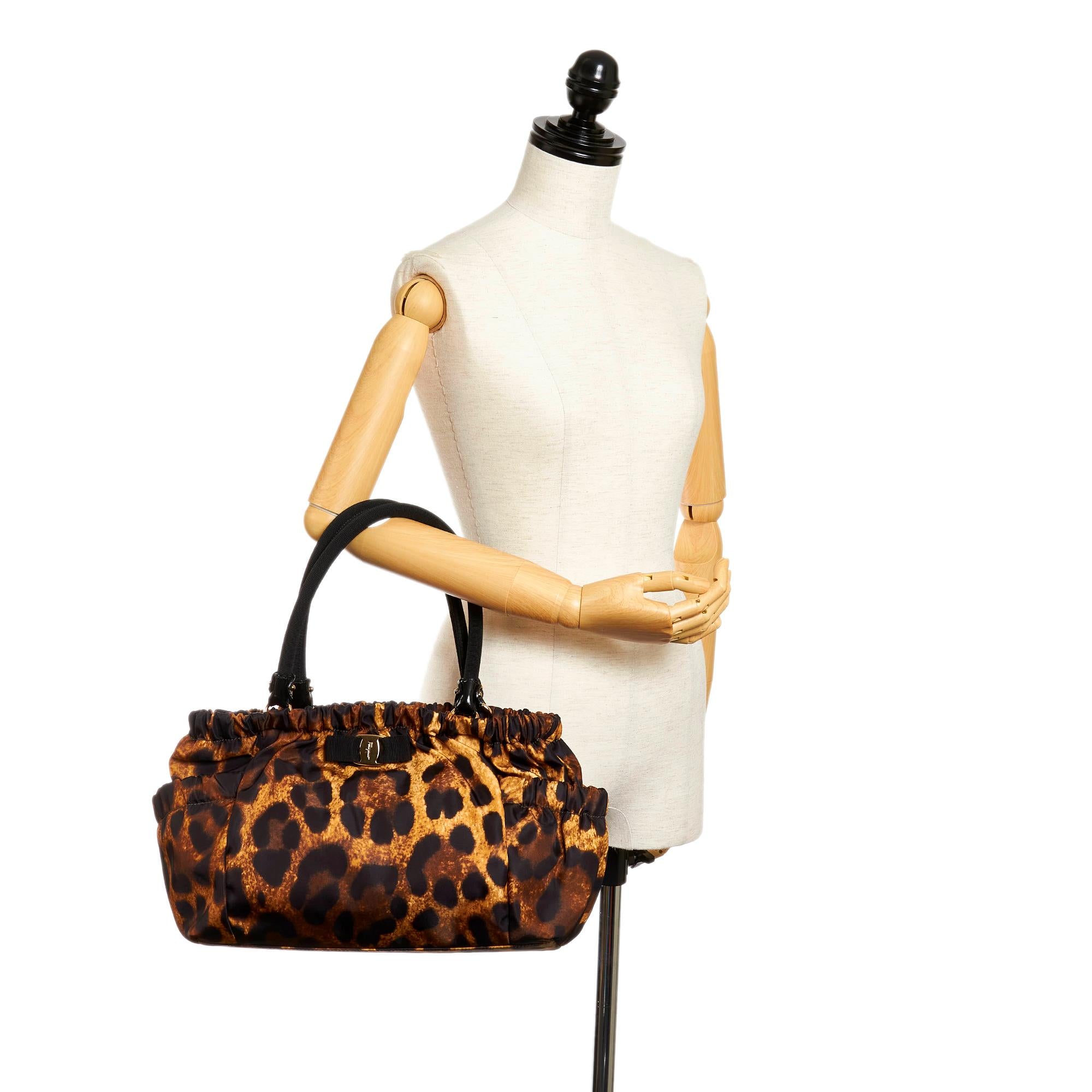 Salvatore Ferragamo Vara Leopard Print Nylon Handbag (SHG-27818)