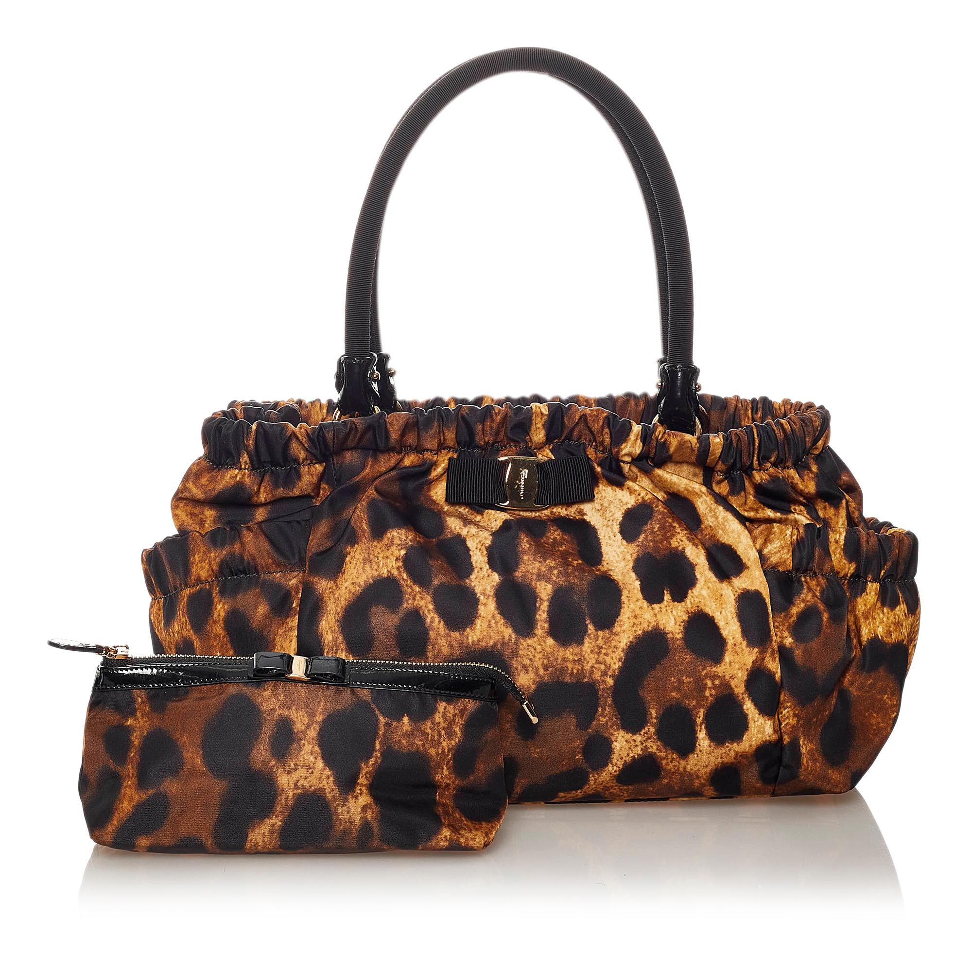 Salvatore Ferragamo Vara Leopard Print Nylon Handbag (SHG-27818)