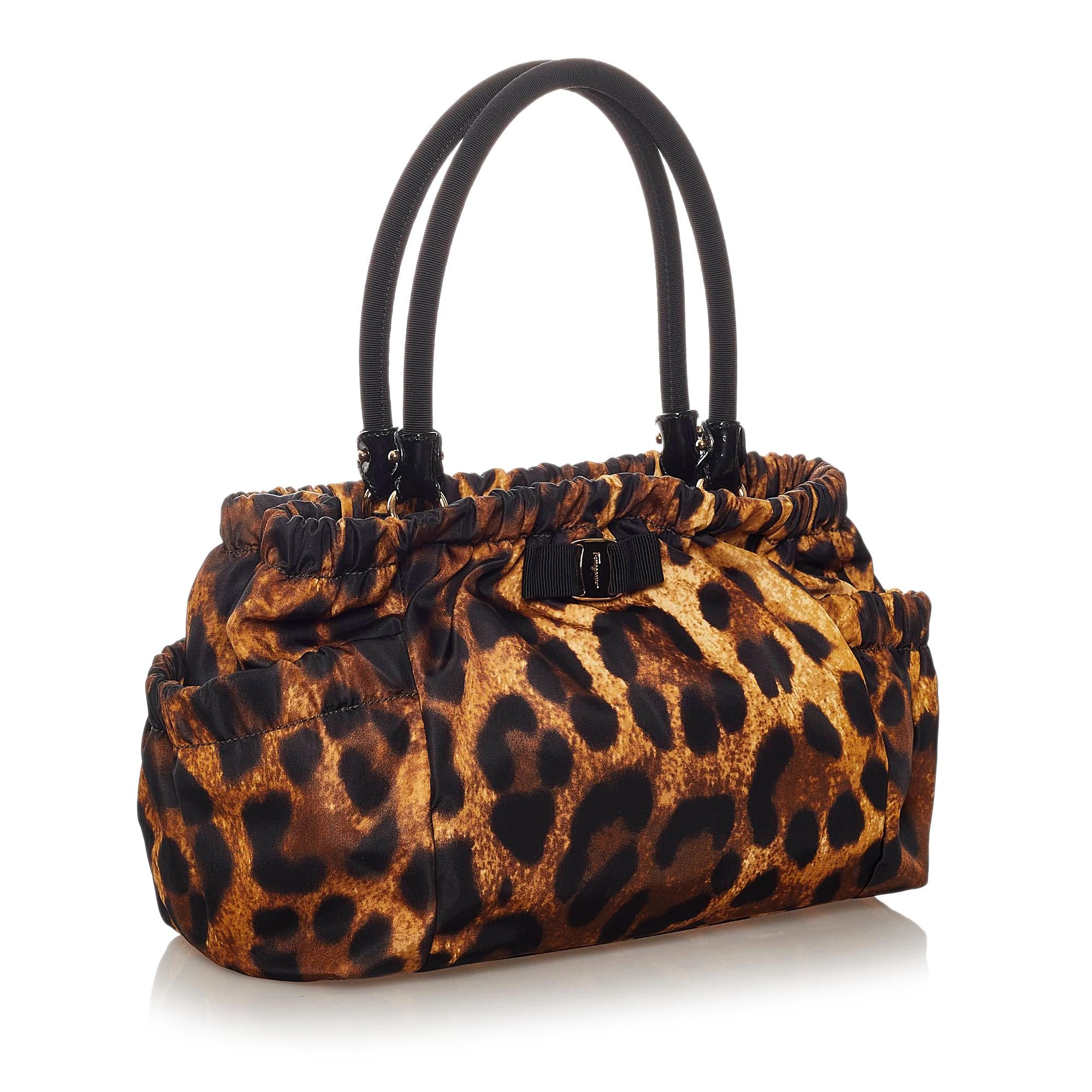 Salvatore Ferragamo Vara Leopard Print Nylon Handbag (SHG-27818)