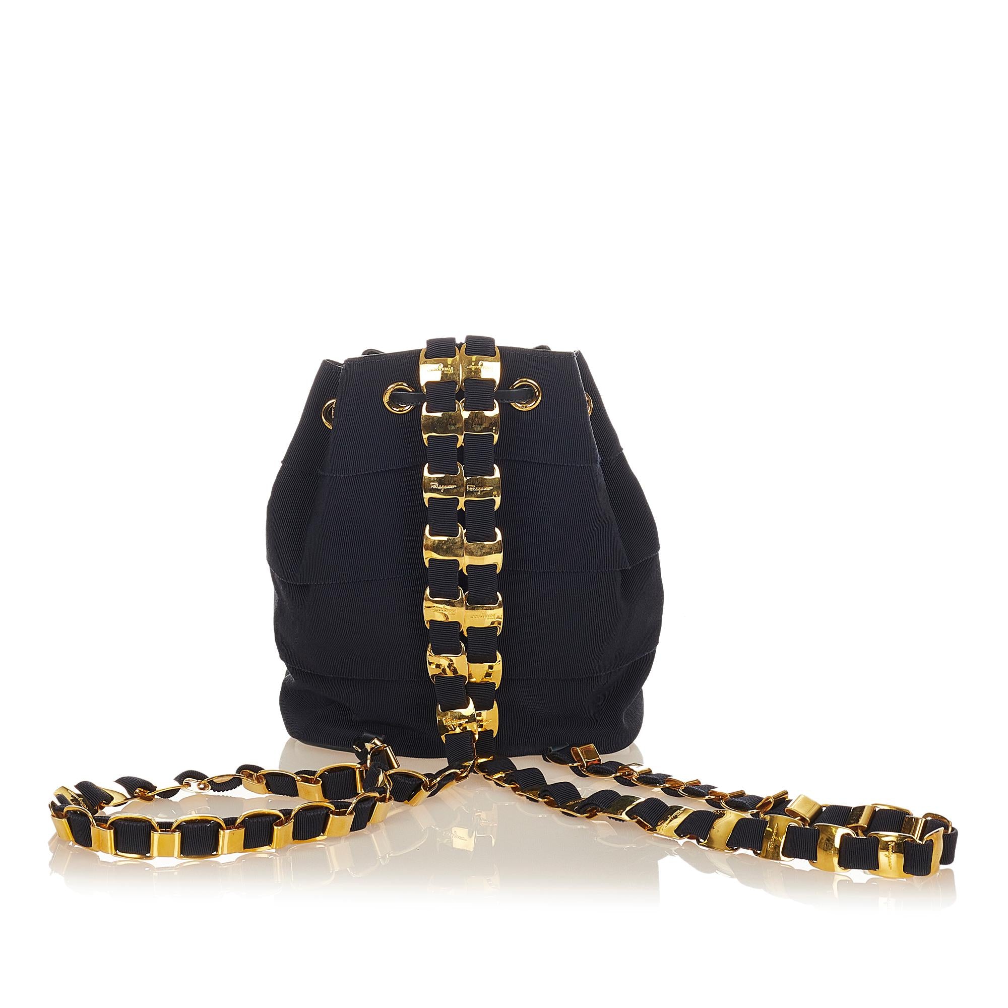 Salvatore Ferragamo Vara Tiered Grosgrain Drawstring Bucket Bag (SHG-24917)