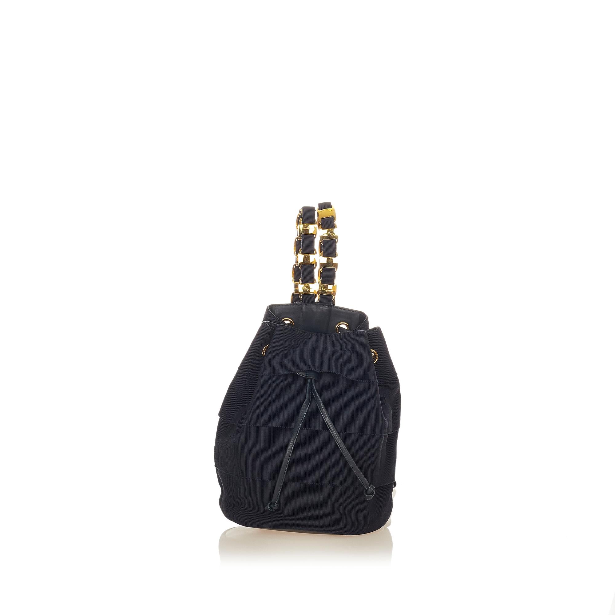 Salvatore Ferragamo Vara Tiered Grosgrain Drawstring Bucket Bag (SHG-24917)