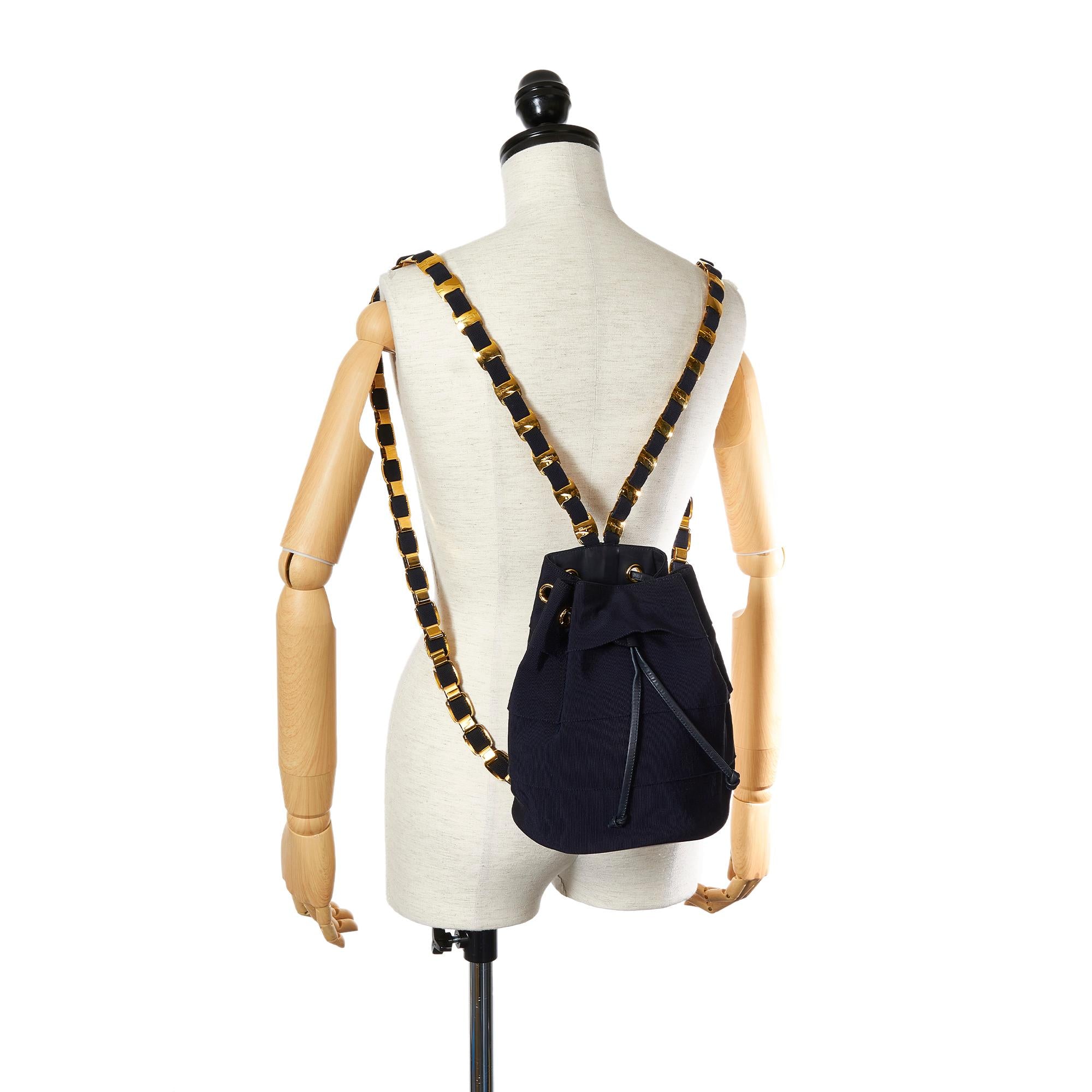 Salvatore Ferragamo Vara Tiered Grosgrain Drawstring Bucket Bag (SHG-24917)