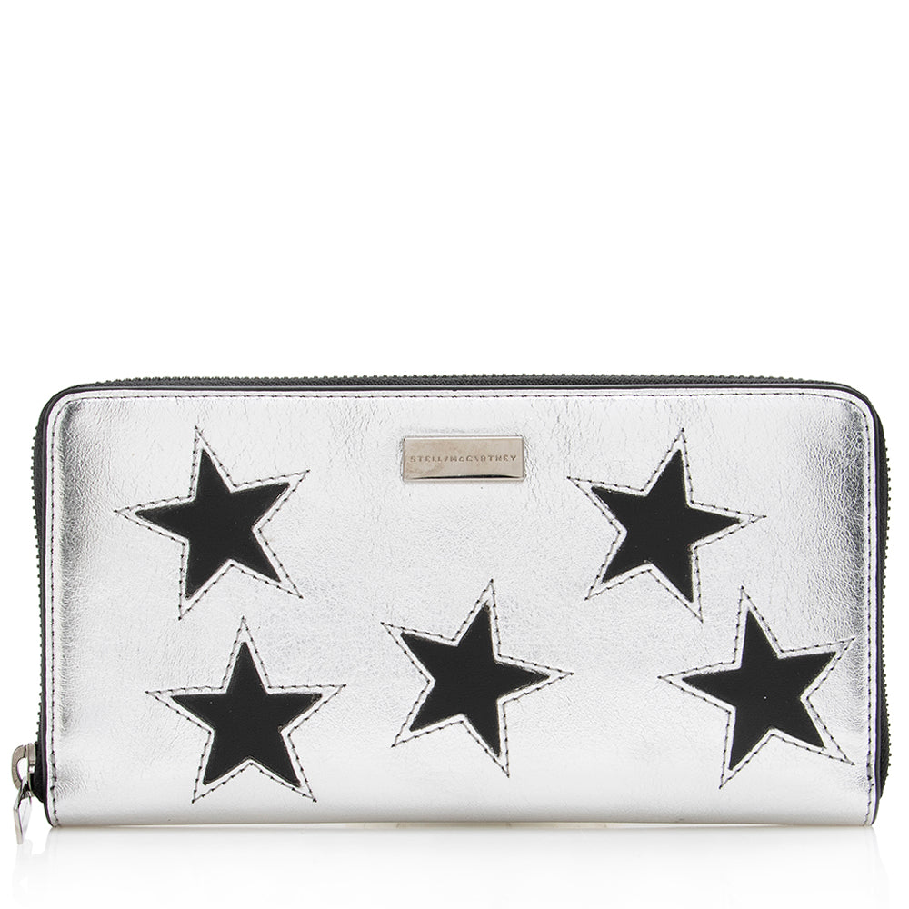 Stella McCartney Metallic Faux Leather Stars Zip Around Wallet (SHF-17719)