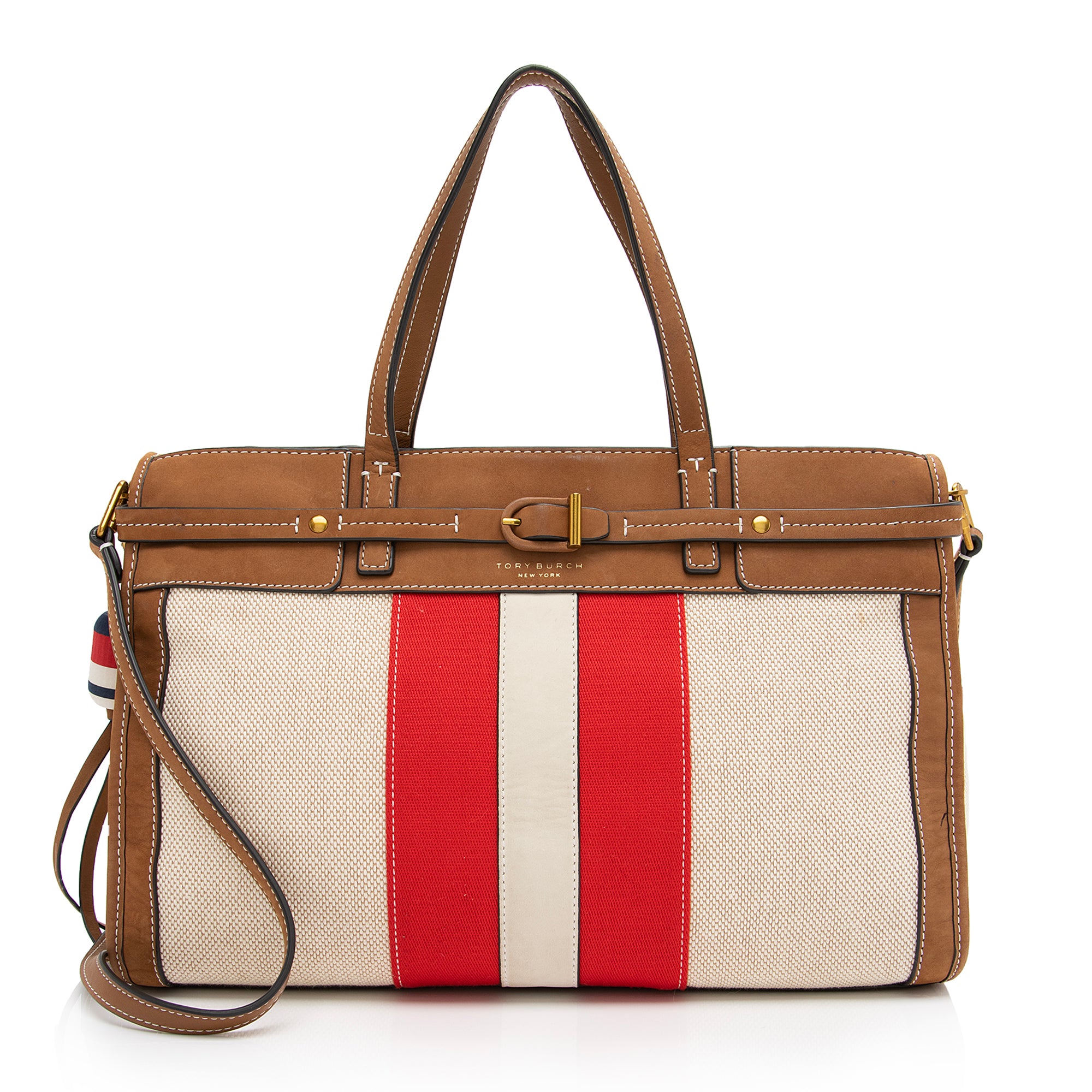 Tory Burch Nubuck Suede Canvas Stripe Satchel (SHF-fzJmDU)