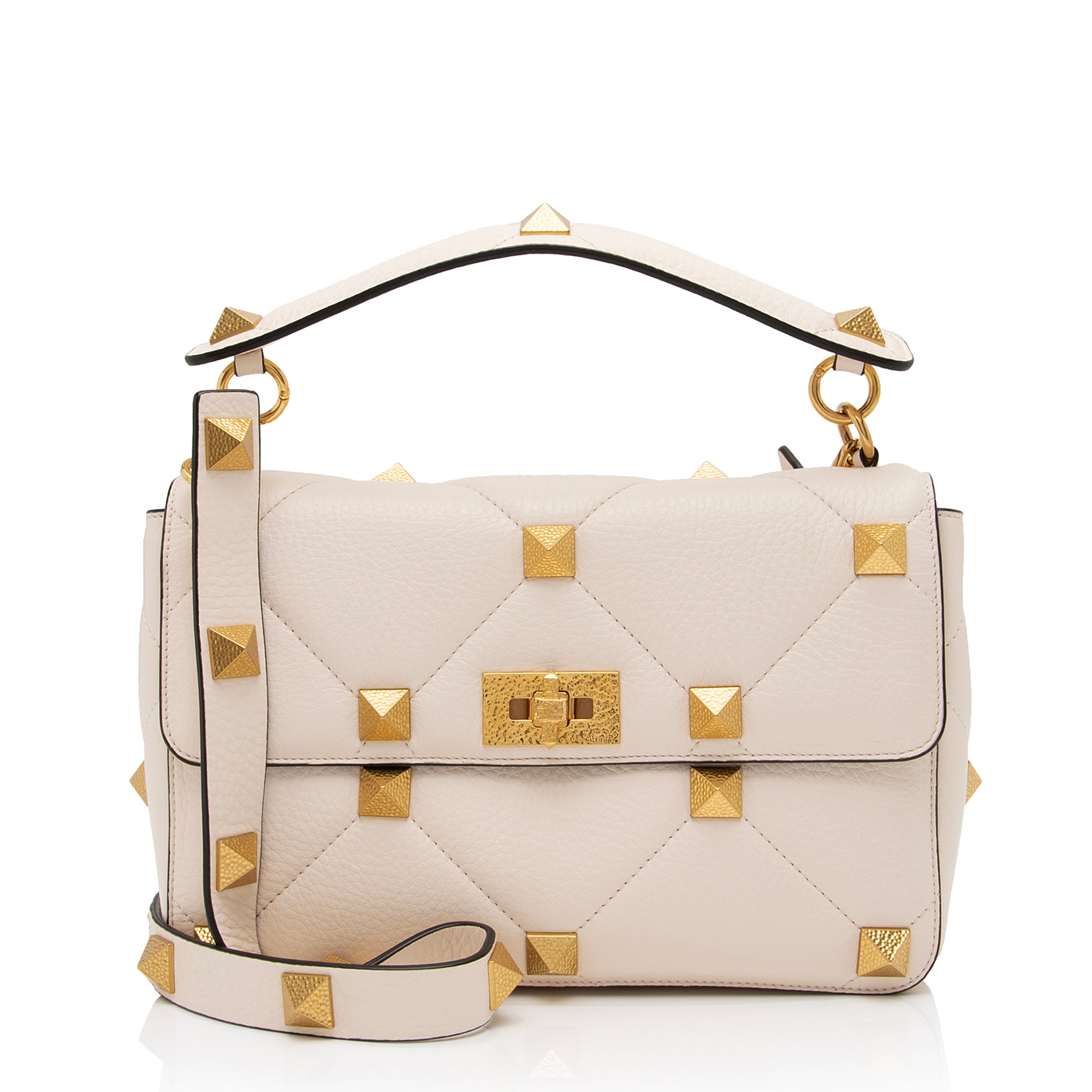 Valentino Grained Calfskin Hammered Roman Stud Large Shoulder Bag (SHF-23647)