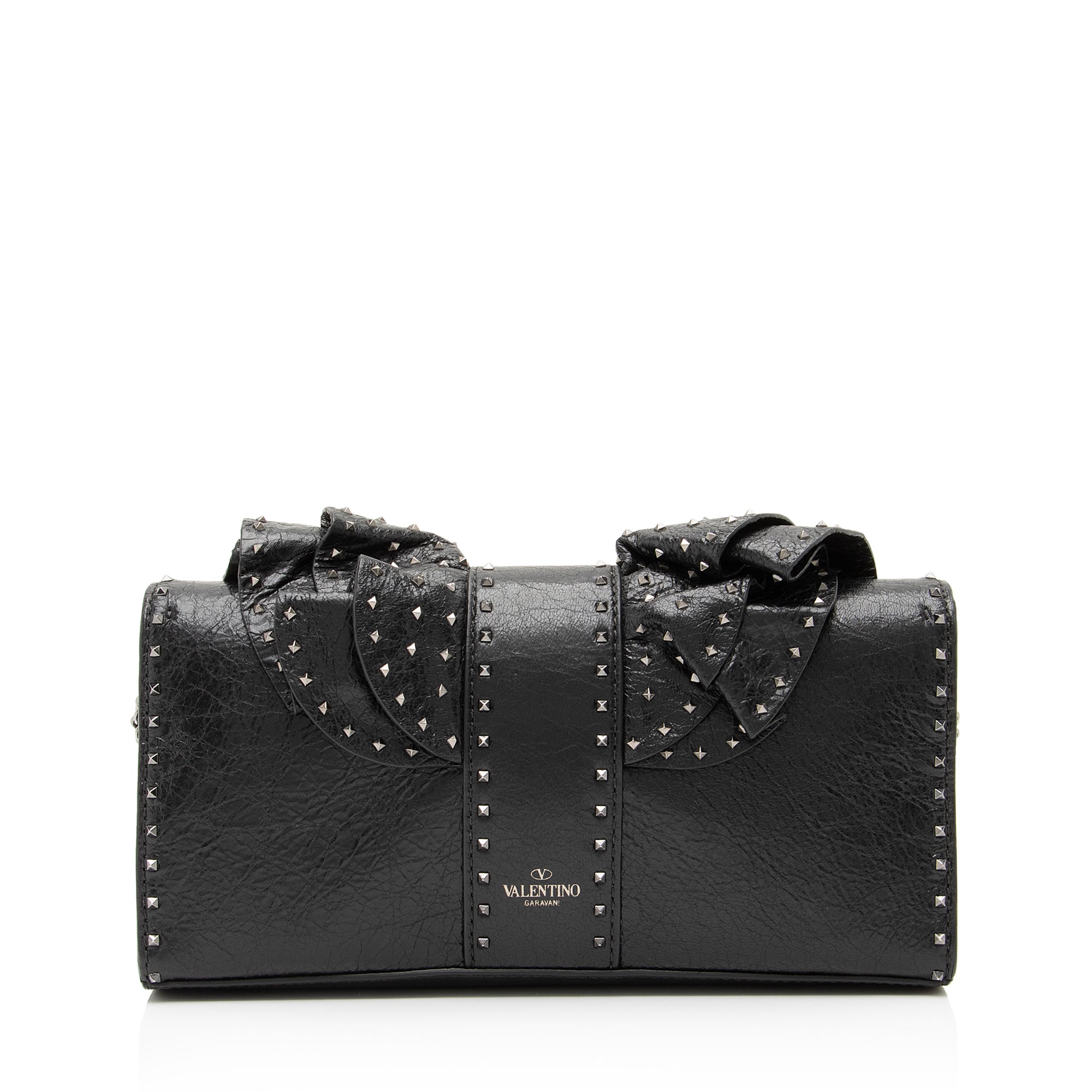 Valentino Lambskin Ruffle Rockstud Spike Very V Clutch (SHF-23893)