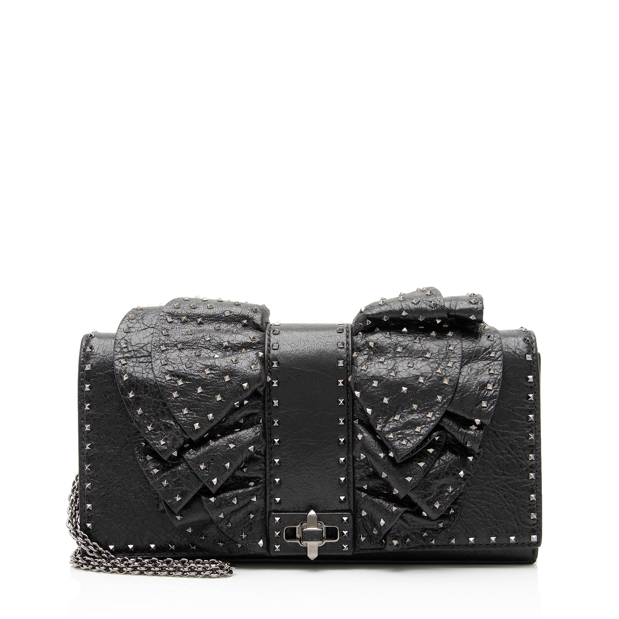 Valentino Lambskin Ruffle Rockstud Spike Very V Clutch (SHF-23893)