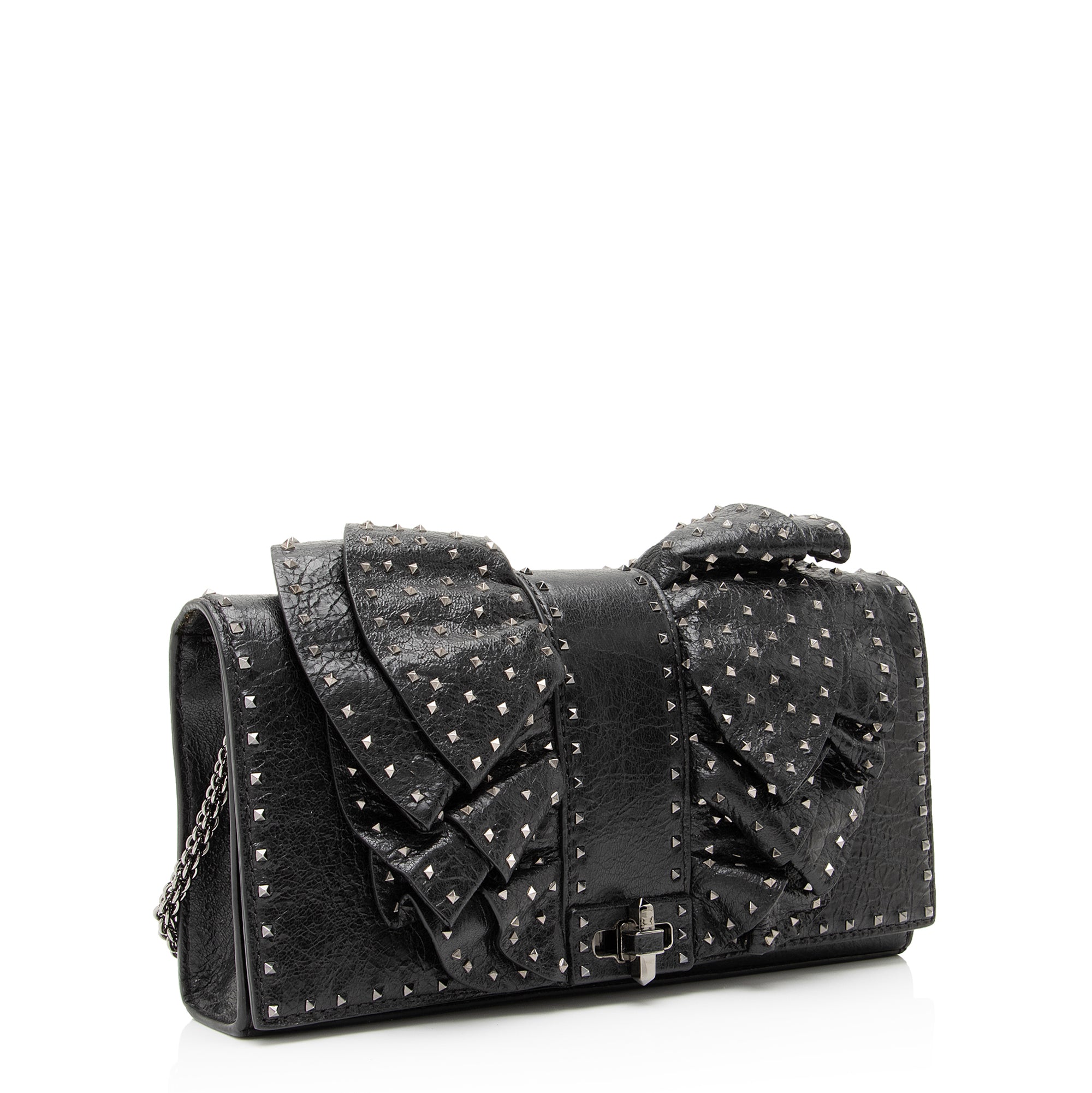 Valentino Lambskin Ruffle Rockstud Spike Very V Clutch (SHF-23893)