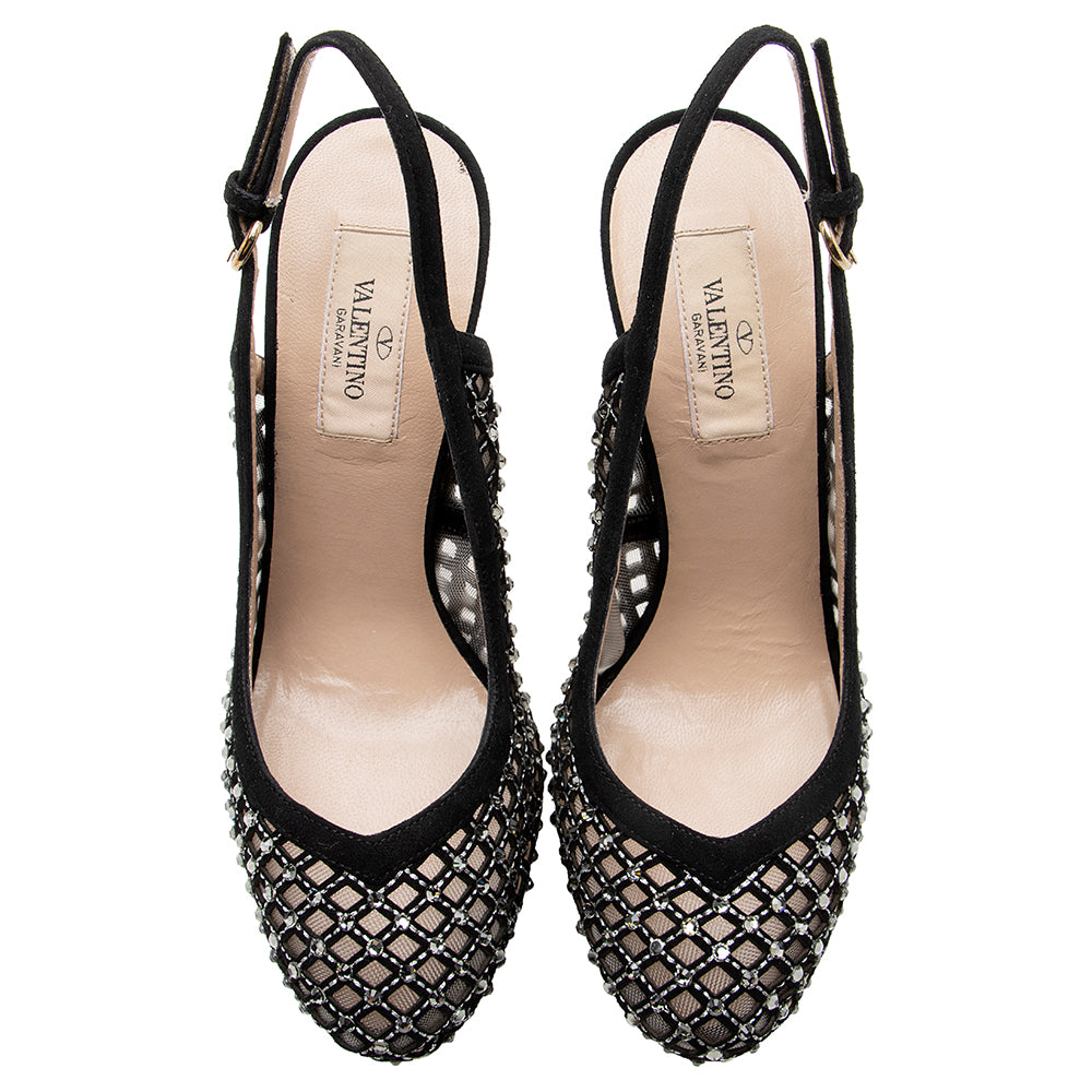 Valentino Leather Lattice Crystal Singback Pumps - Size 7 / 37 (SHF-18843)