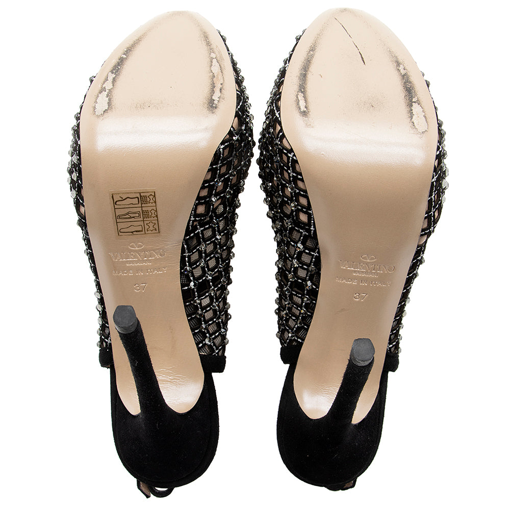 Valentino Leather Lattice Crystal Singback Pumps - Size 7 / 37 (SHF-18843)