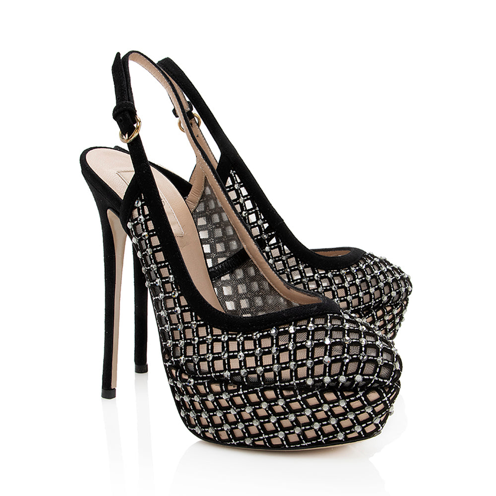 Valentino Leather Lattice Crystal Singback Pumps - Size 7 / 37 (SHF-18843)