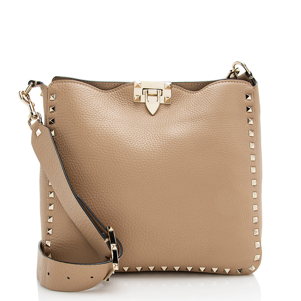 Valentino Pebbled Calfskin Rockstud Flip-Lock Small Messenger Bag (SHF-21886)