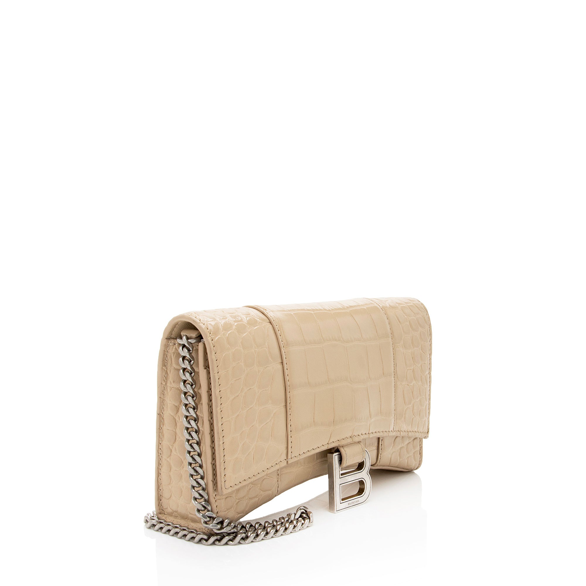 Balenciaga Shiny Croc Embossed Calfskin Hourglass Wallet on Chain