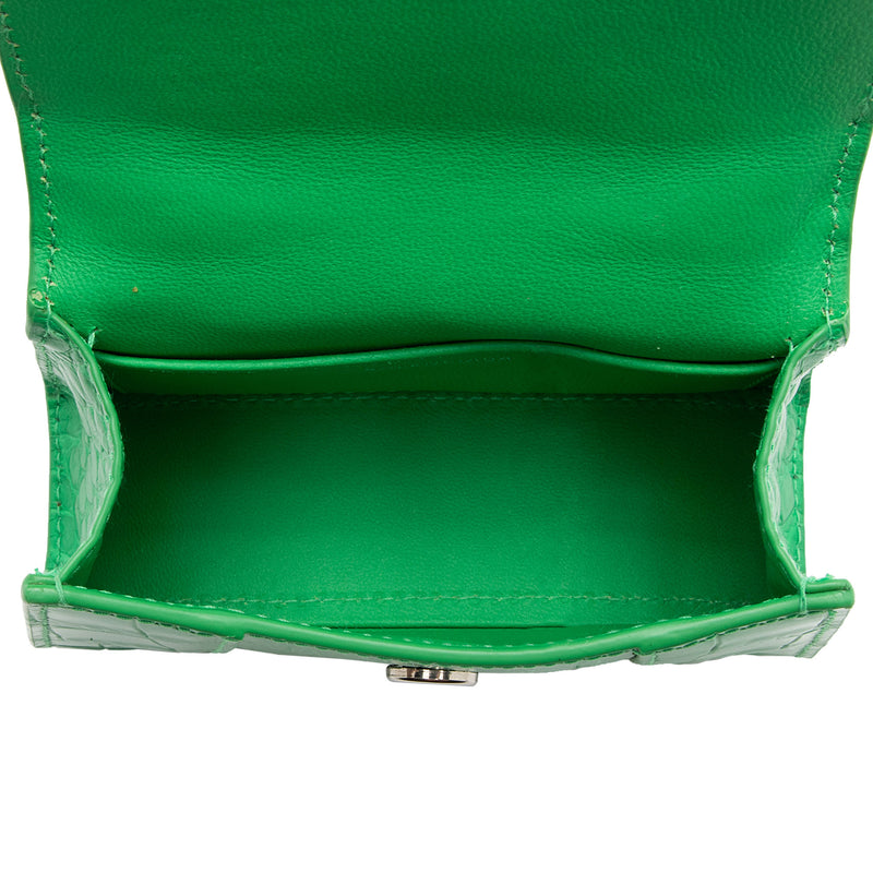 Balenciaga Shiny Croc Embossed Calfskin Hourglass Super Nano Top Handle Bag (SHF-c6OAtN)