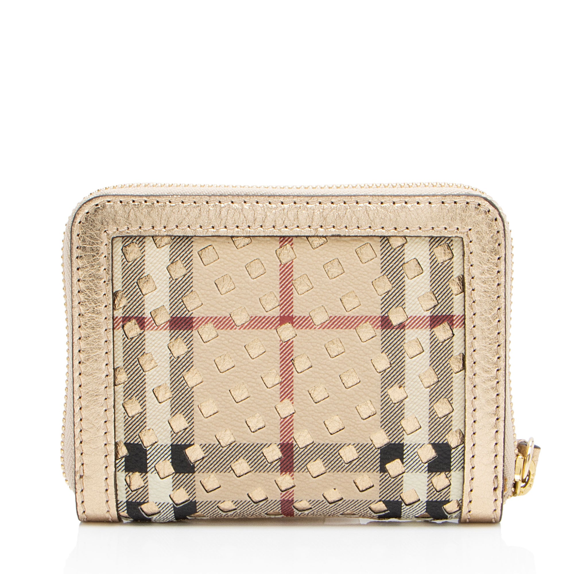 Burberry Haymarket Check Cutout Compact Zip Around Wallet