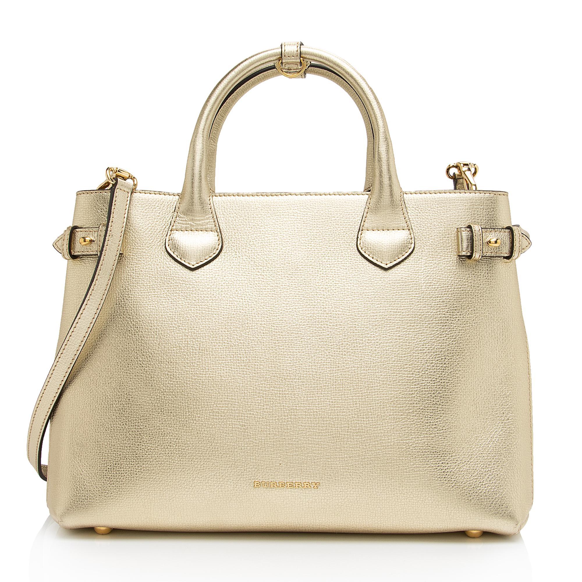 Burberry House Check Metallic Leather Banner Medium Tote (SHF-81DUmX)