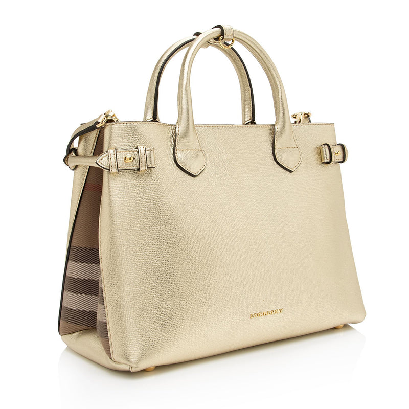 Burberry House Check Metallic Leather Banner Medium Tote (SHF-81DUmX)