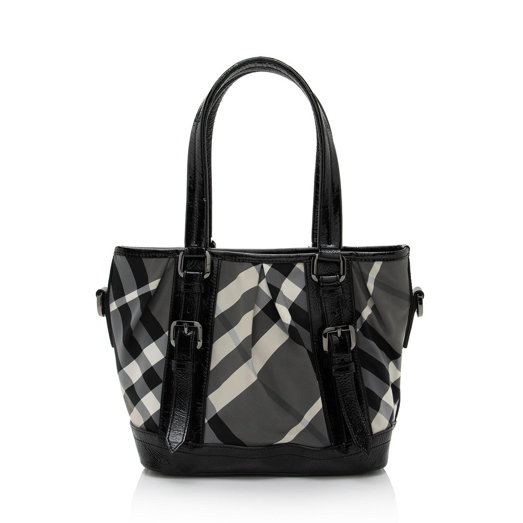 Authentic Burberry Patent Leather Beat Check Black Nylon Tote Bag