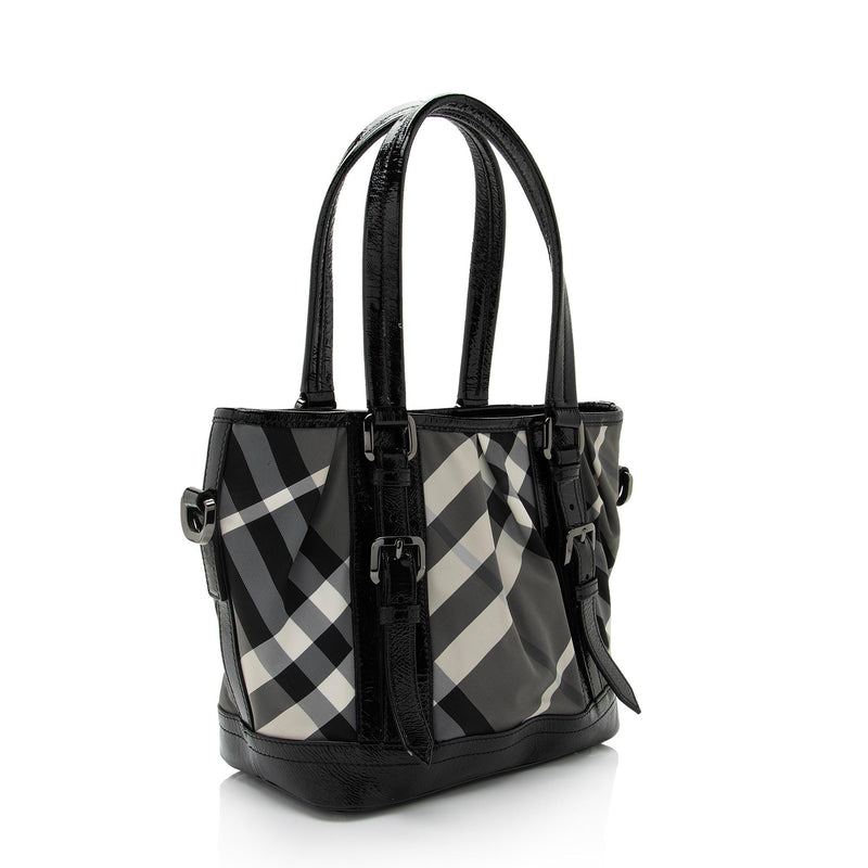 Authentic Burberry Patent Leather Beat Check Black Nylon Tote Bag