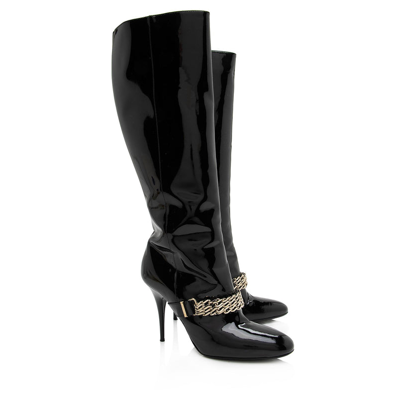 Burberry Patent Leather Chain Knee High Boots - Size 8.5 / 38.5 (SHF-egKFdY)