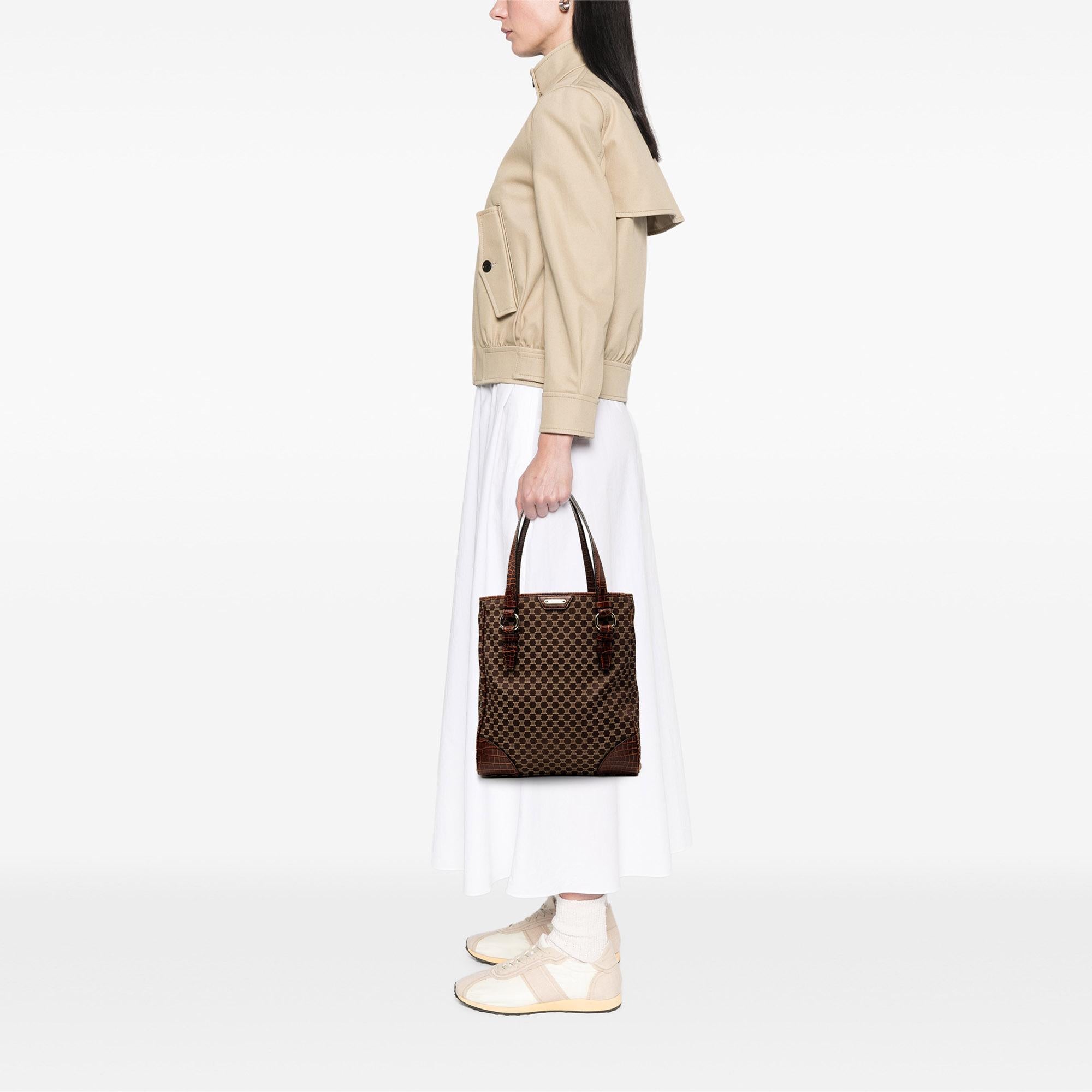 Celine Croc Embossed Leather Trimmed Macadam Canvas Tote