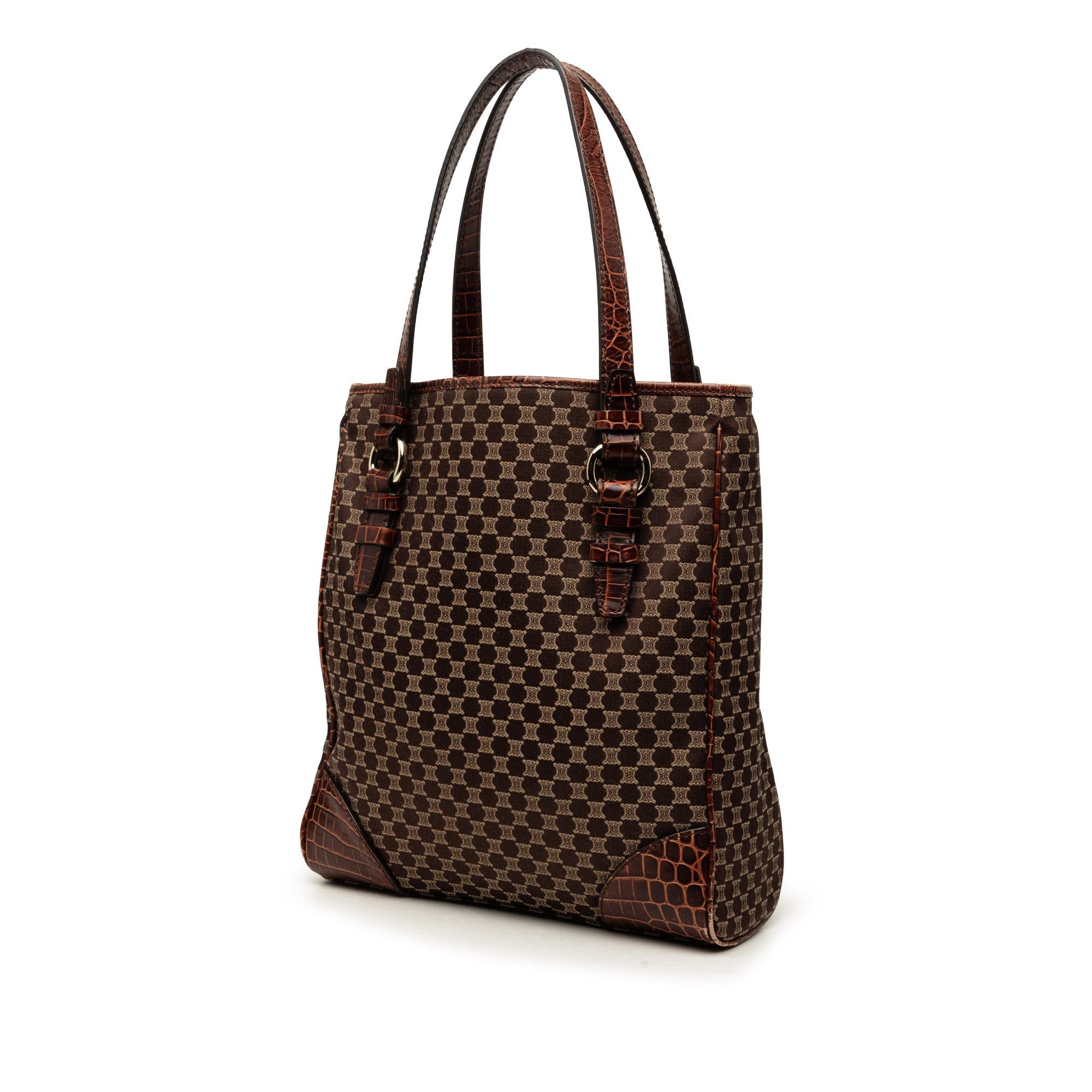 Celine Croc Embossed Leather Trimmed Macadam Canvas Tote