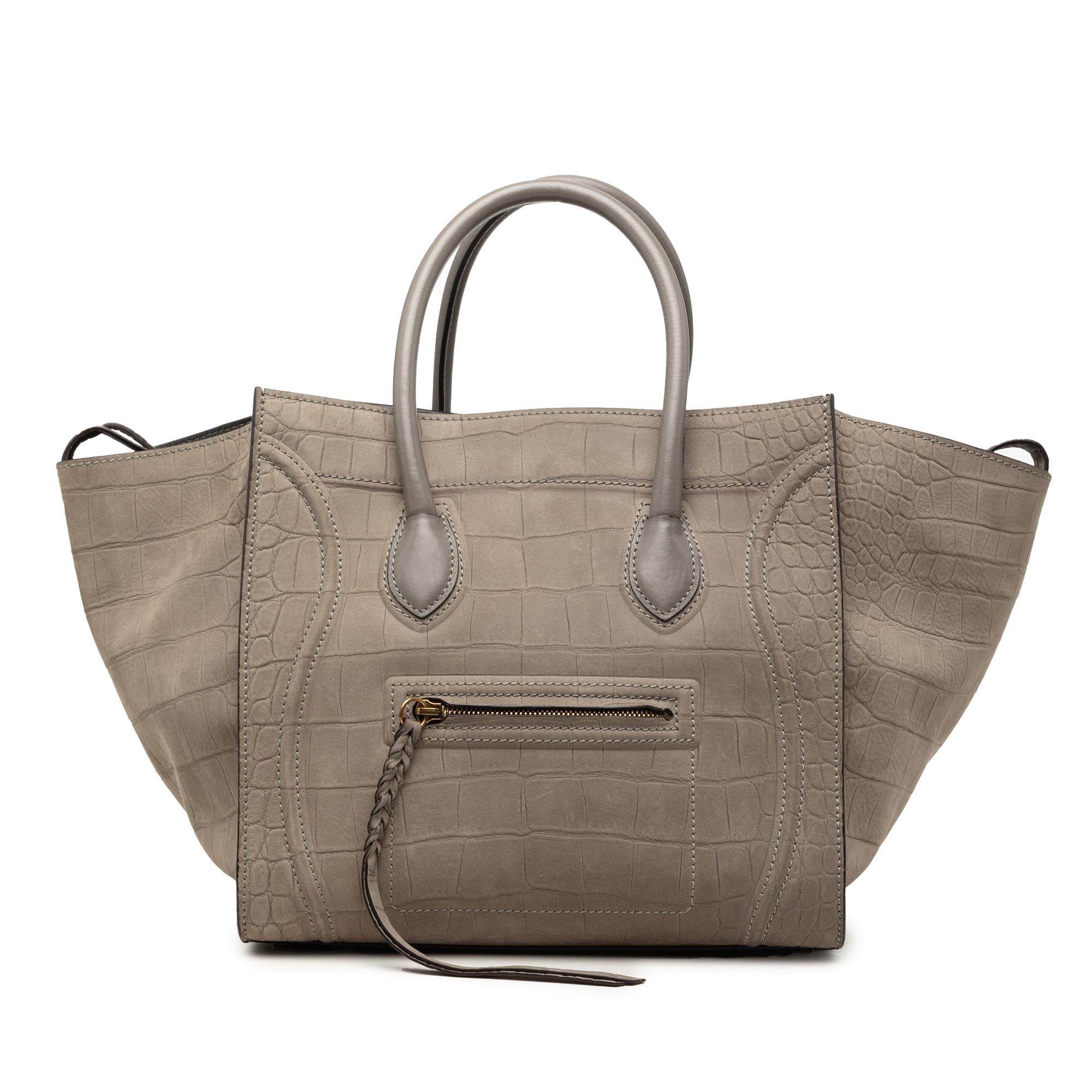 Celine Medium Croc Embossed Leather Luggage Phantom Tote