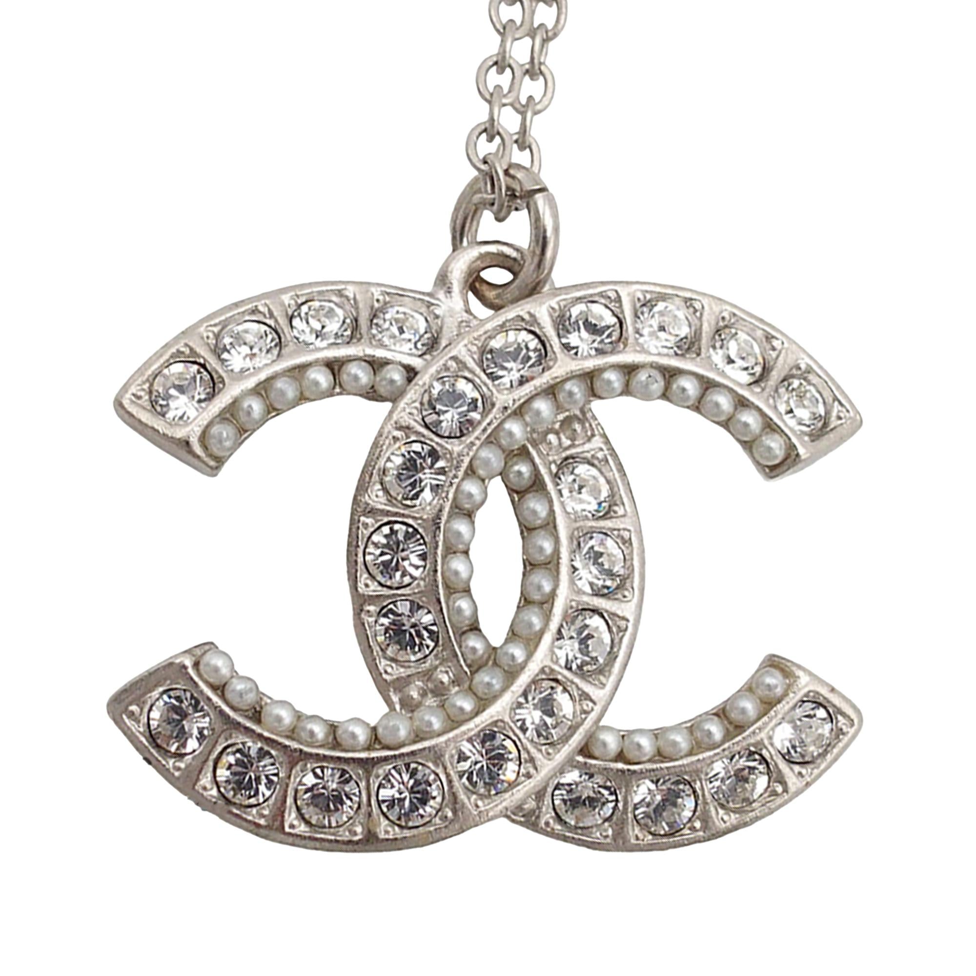 Chanel CC Brass Strass and Faux Pearl Pendant Necklace