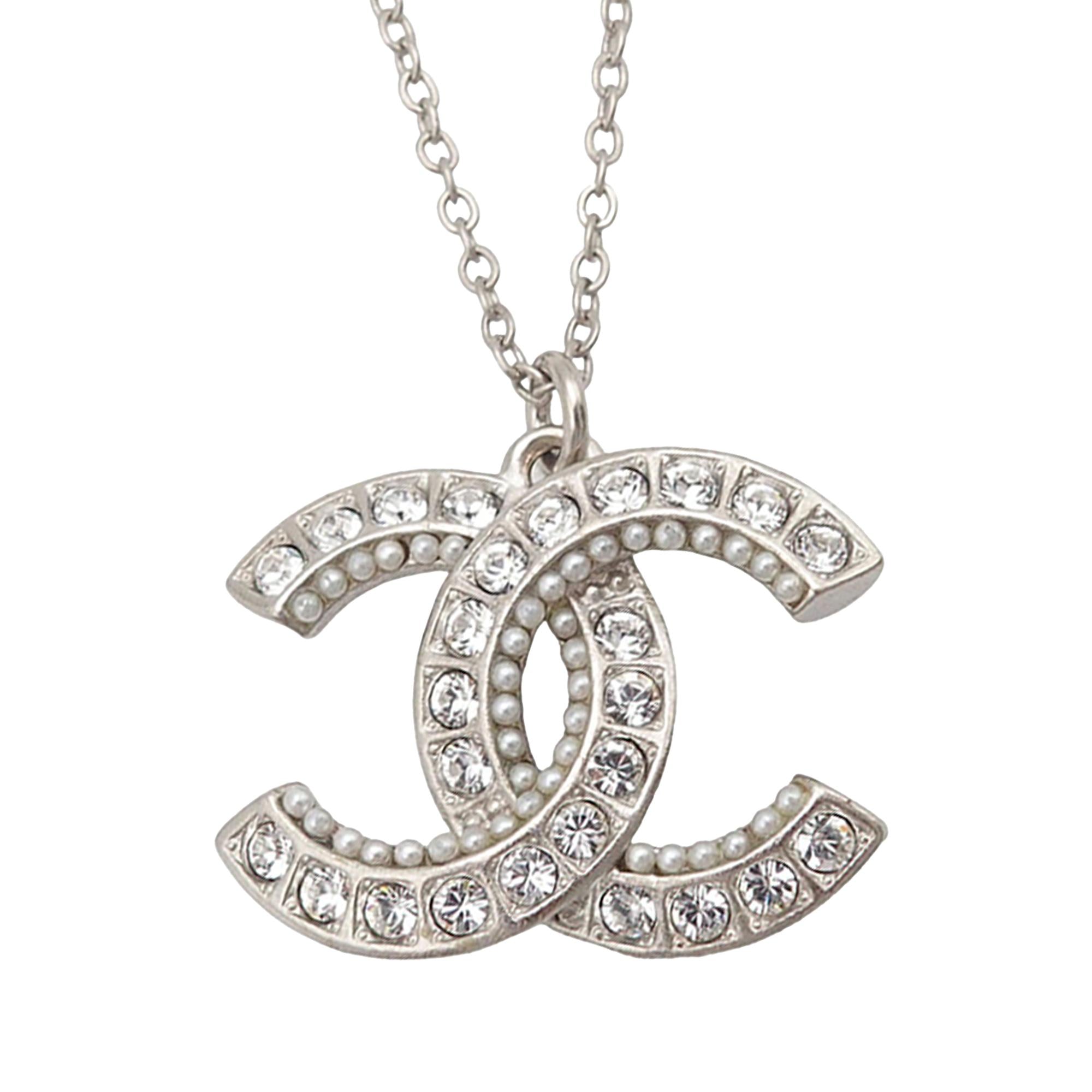Chanel CC Brass Strass and Faux Pearl Pendant Necklace