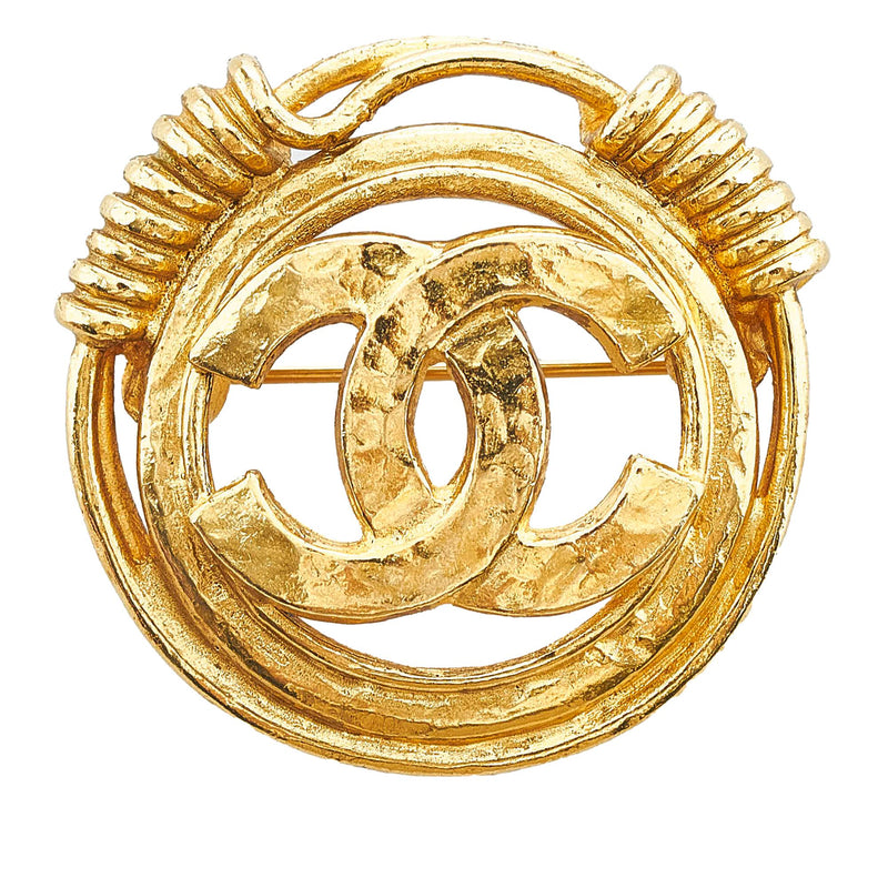 Chanel - Vintage 94A CC Logo Circle / Pearl Drop Textured - Gold Brooch