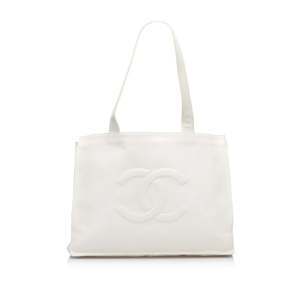 CHANEL Canvas Calfskin Let's Demonstrate Small Tote White Black 697839