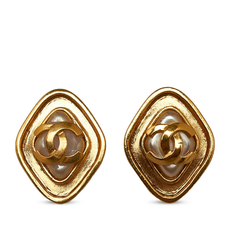 Chanel Small CC Logo Clip On Earrings With Faux Pearl Center