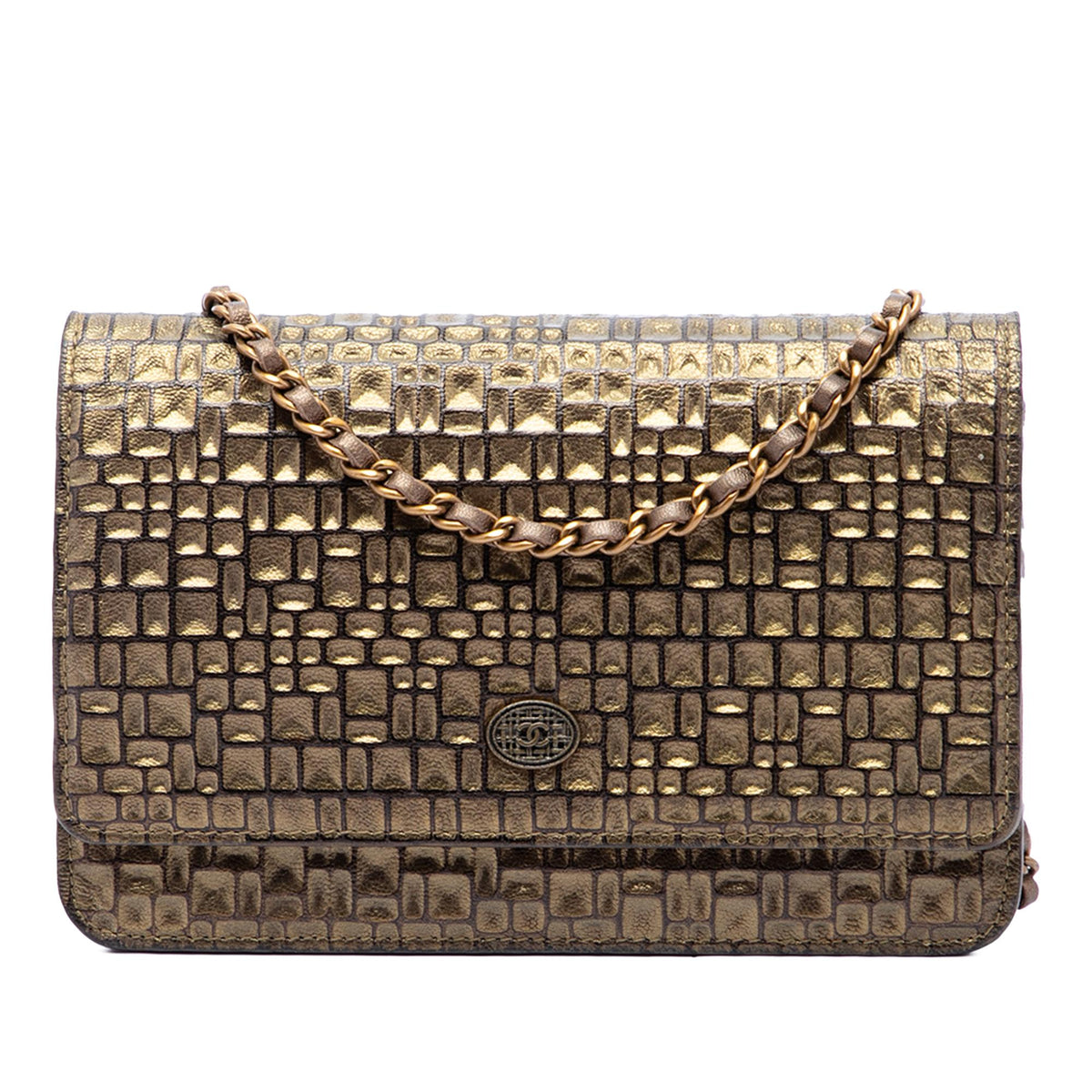 Chanel CC Embossed Metallic Lambskin Wallet on Chain