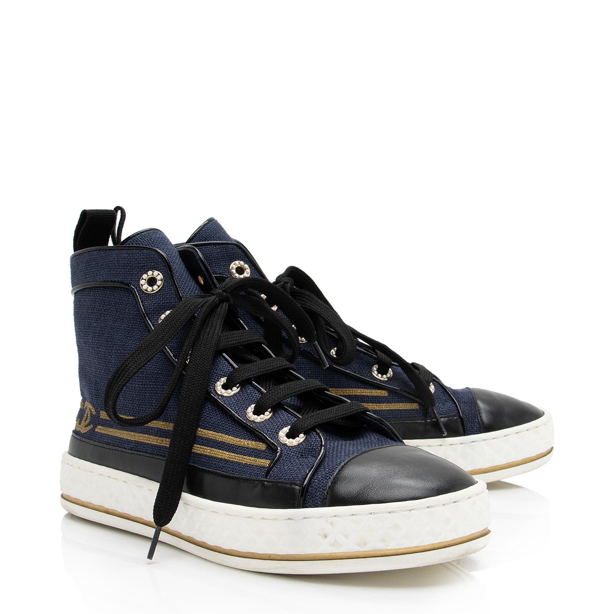 Chanel Fabric Lambskin Pearl CC High Top Cap Toe Sneakers - Size 6.5 / 36.5 (SHF-23702)