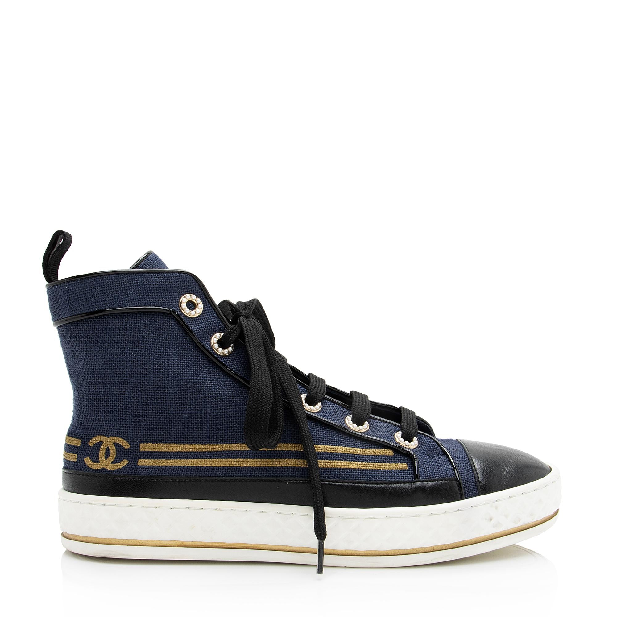 Chanel Fabric Lambskin Pearl CC High Top Cap Toe Sneakers - Size 6.5 / 36.5 (SHF-23702)