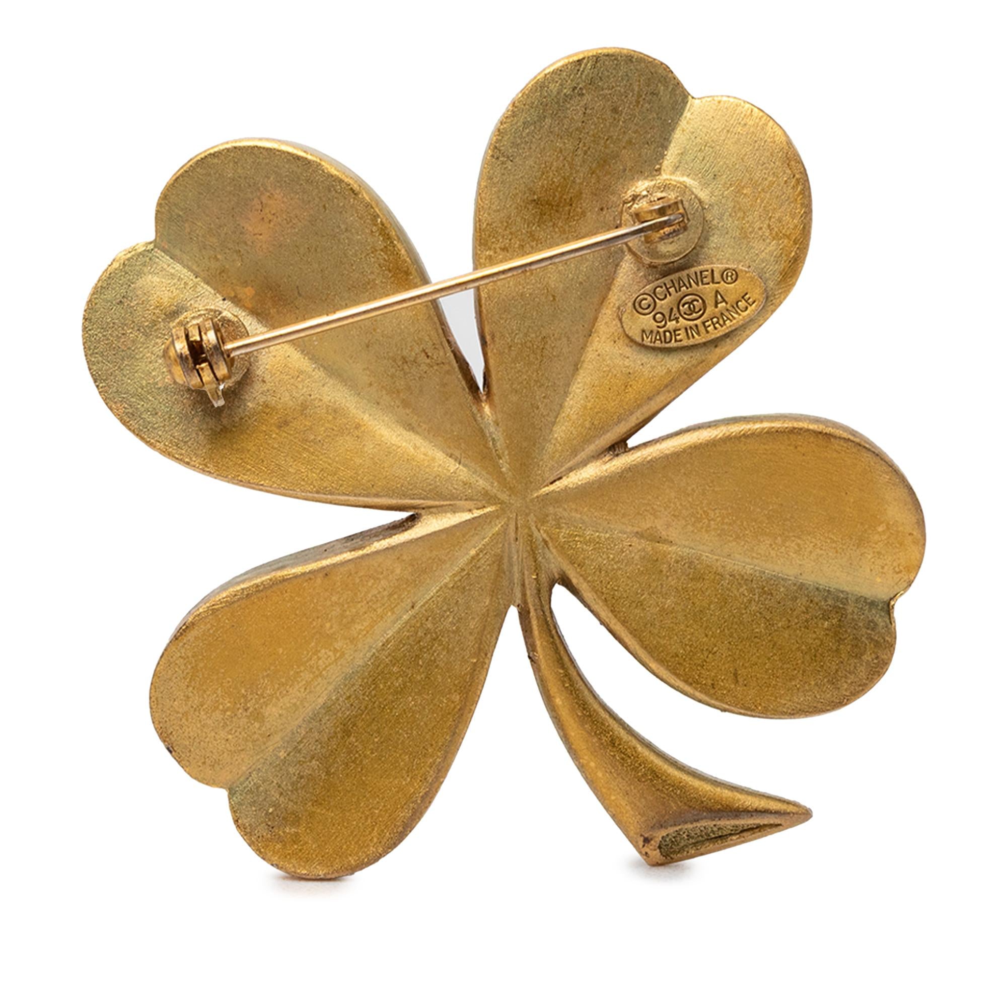 Chanel CC Gold Plated Clover Brooch