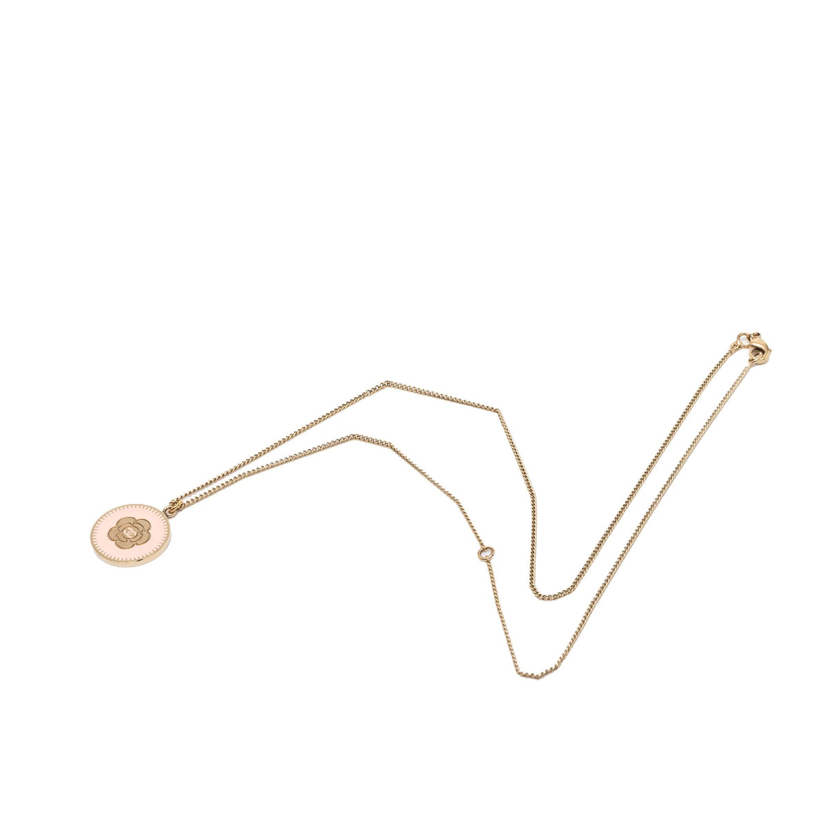 Chanel CC Gold Plated Enamel Camellia Round Pendant Necklace