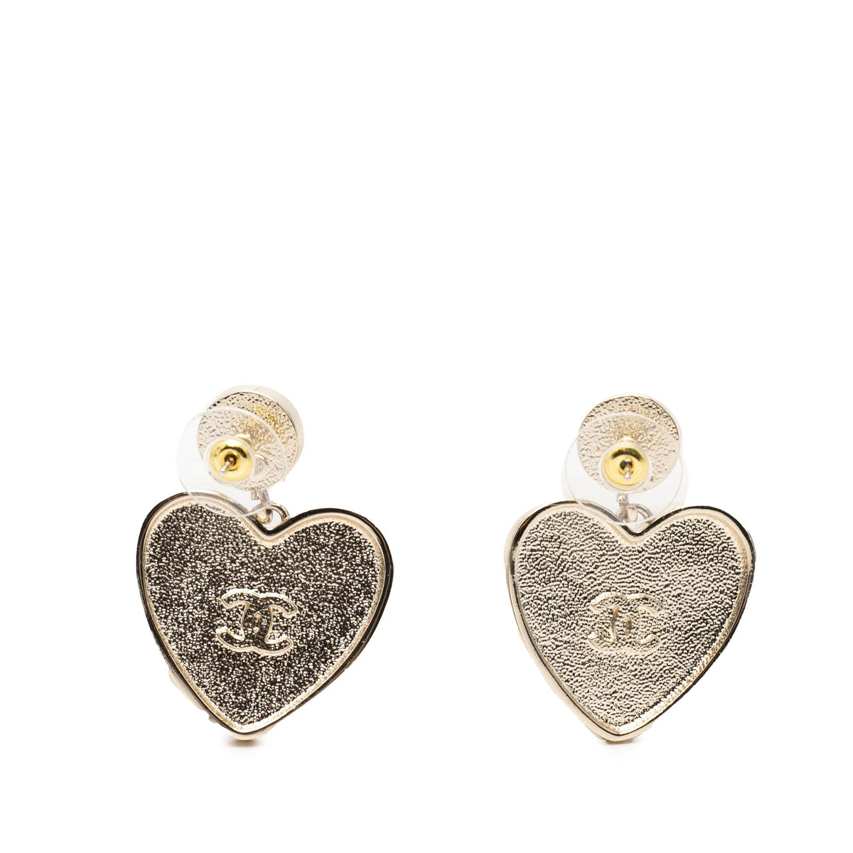 Chanel CC Gold Plated Faux Pearl Strass and Resin Heart Drop Push Back Earrings