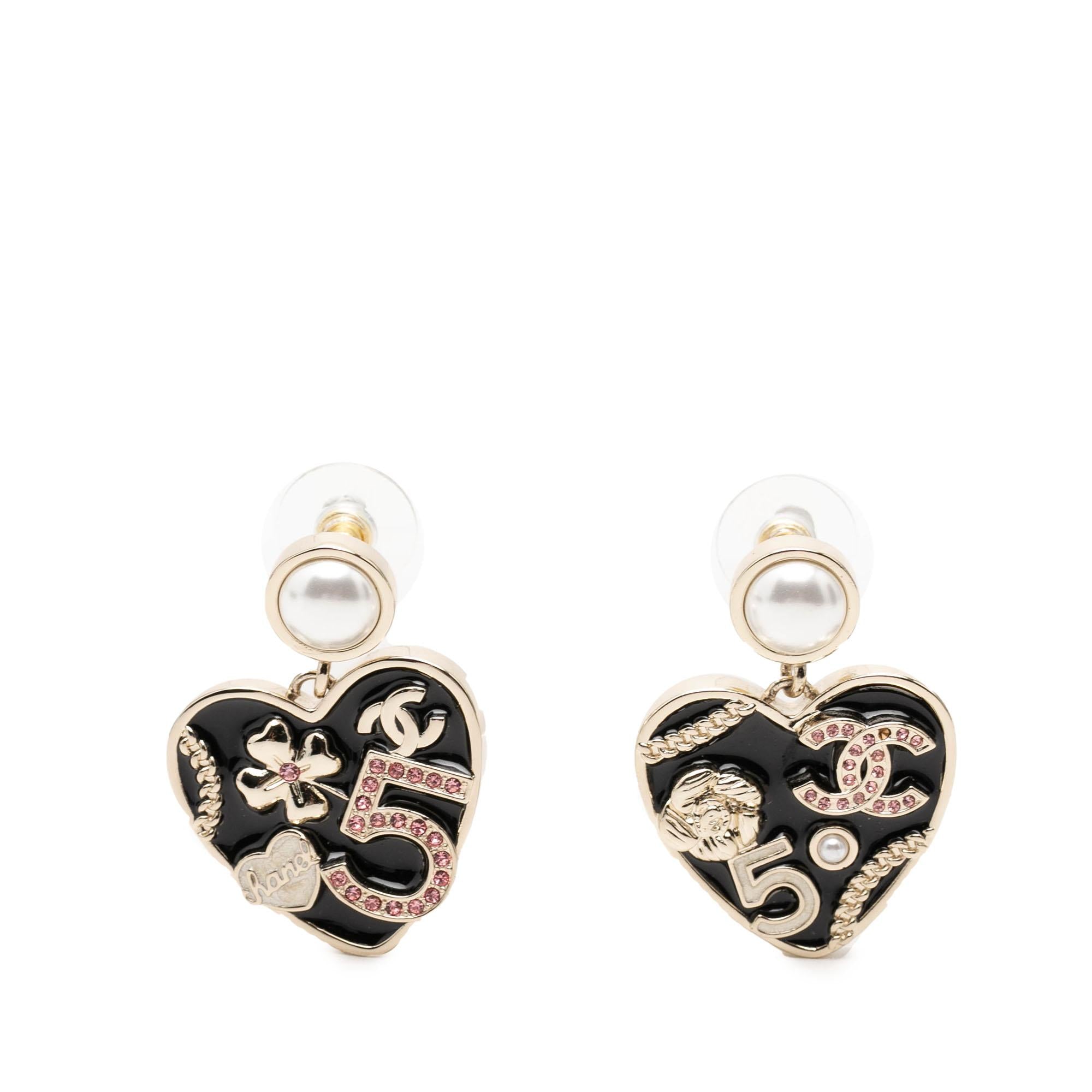 Chanel CC Gold Plated Faux Pearl Strass and Resin Heart Drop Push Back Earrings