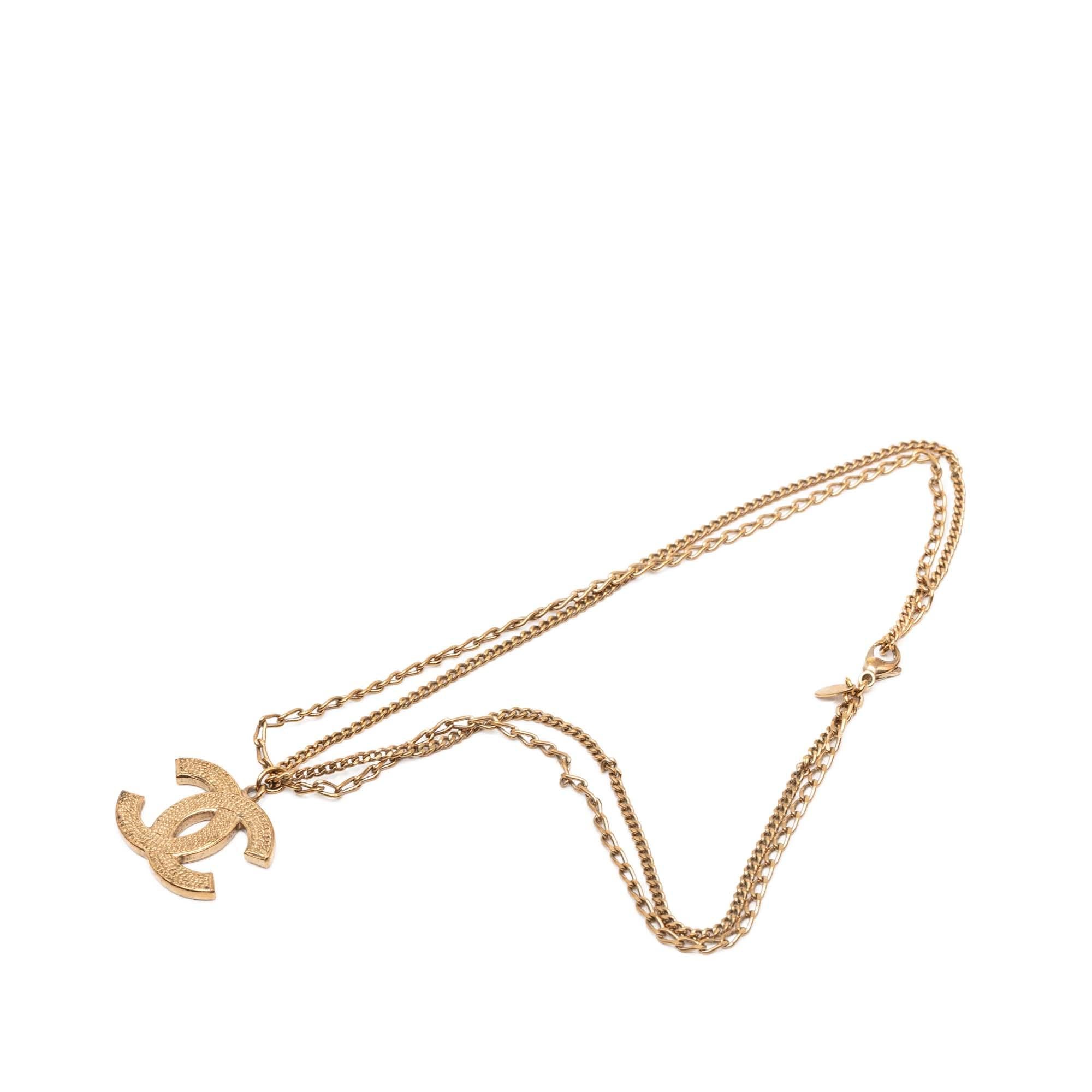 Chanel CC Gold Plated Textured Pendant Double Chain Necklace