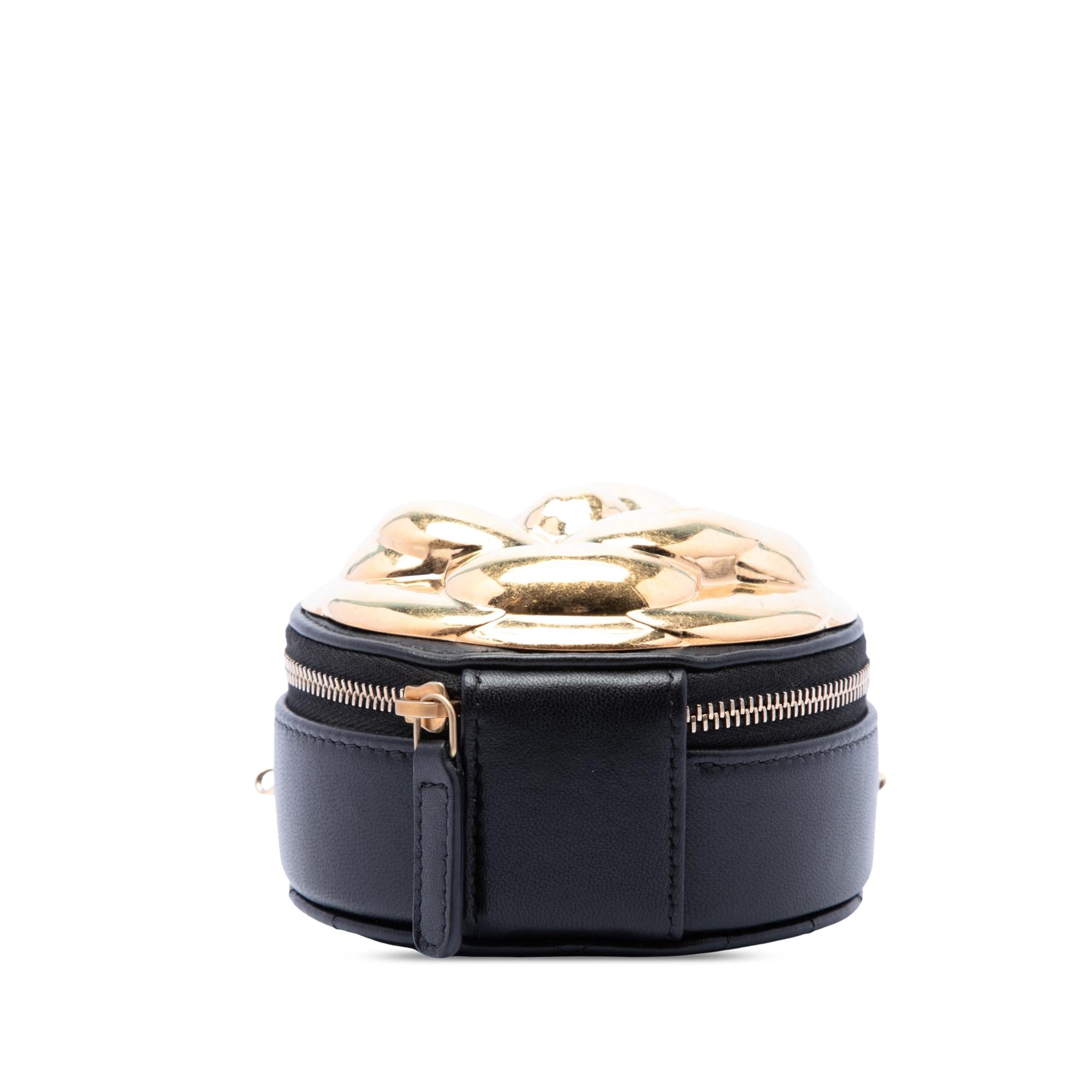 Chanel CC Lambskin and Metal Camellia Round Clutch with Chain