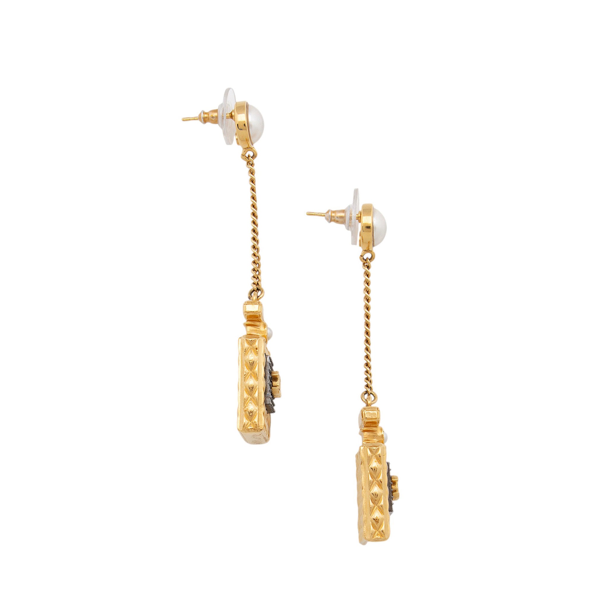 Chanel CC Pearl Perfume Bottle Chain Drop Earrings