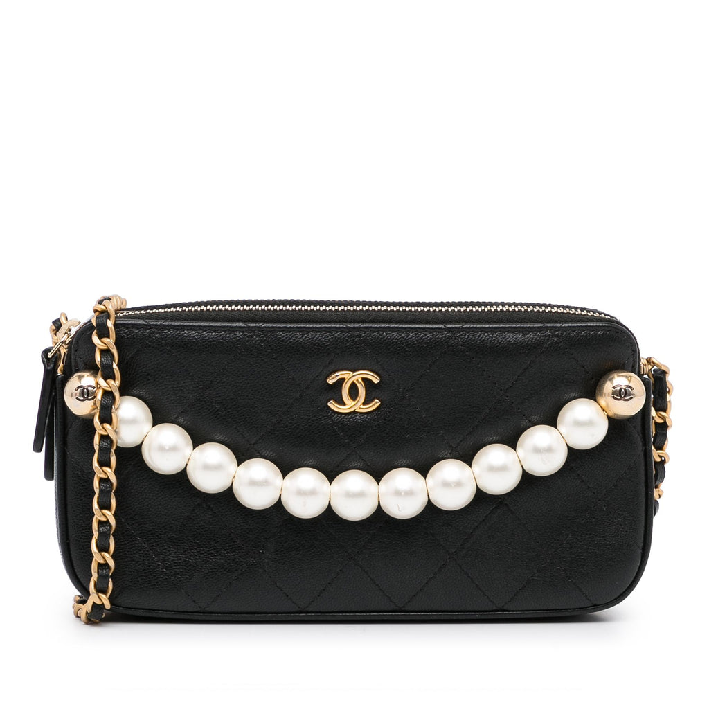 CHANEL Lambskin Quilted CC Pearl Crush Wallet on Chain WOC Black